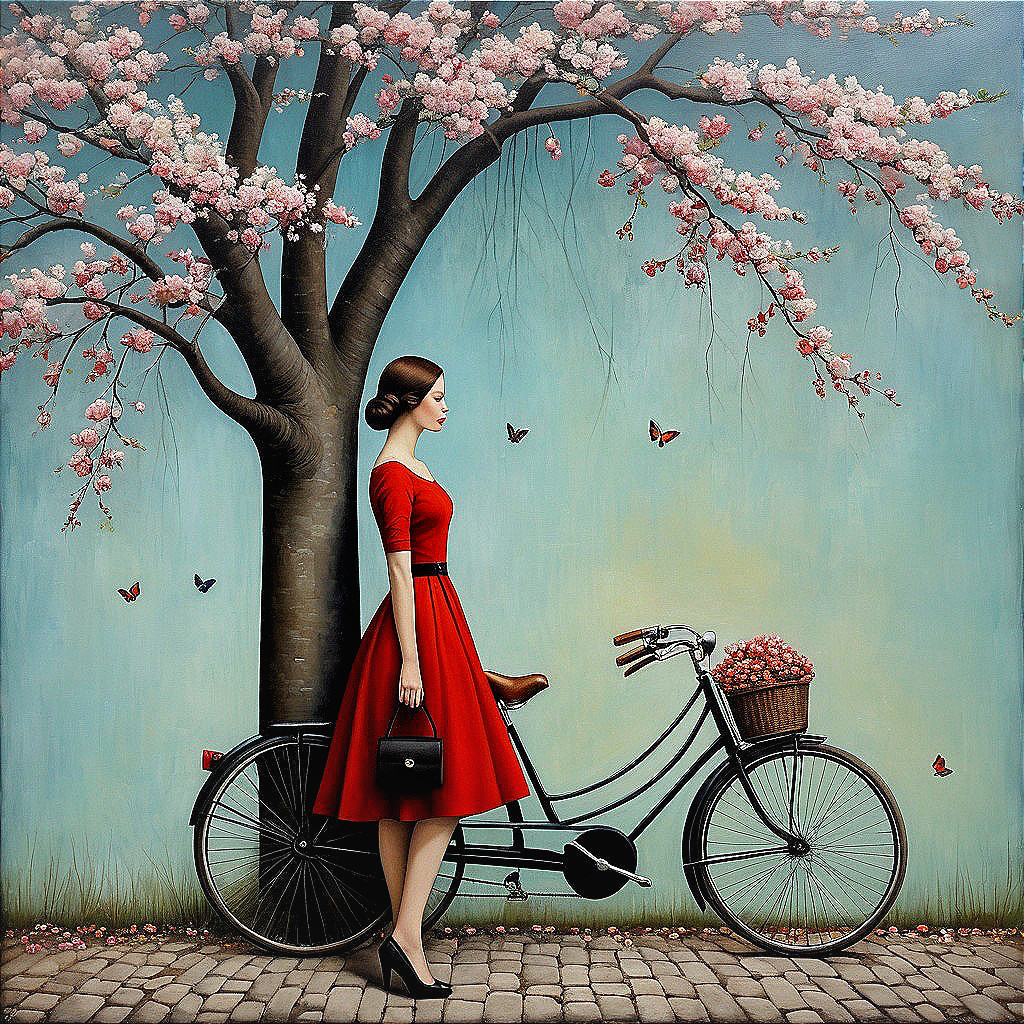 Woman in Red Dress by Bicycle Under Cherry Tree