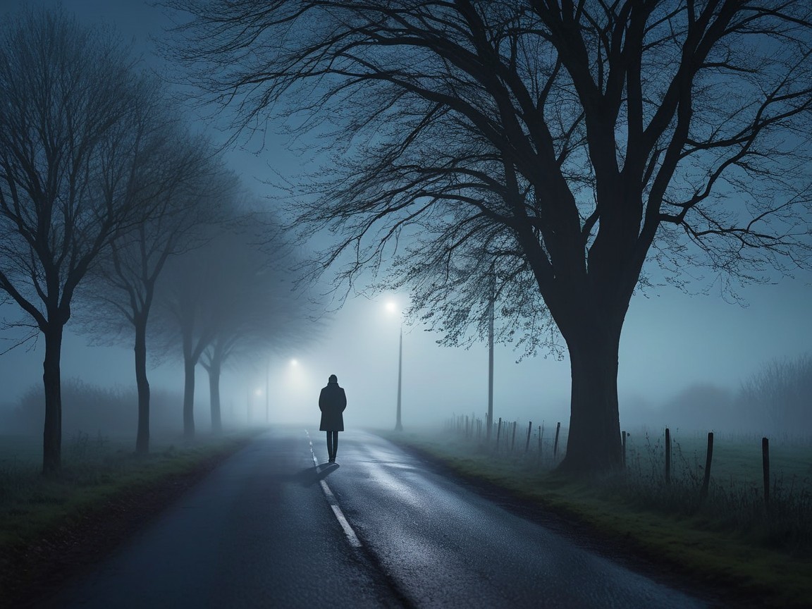 Solitary Figure on Dimly Lit Misty Road at Night