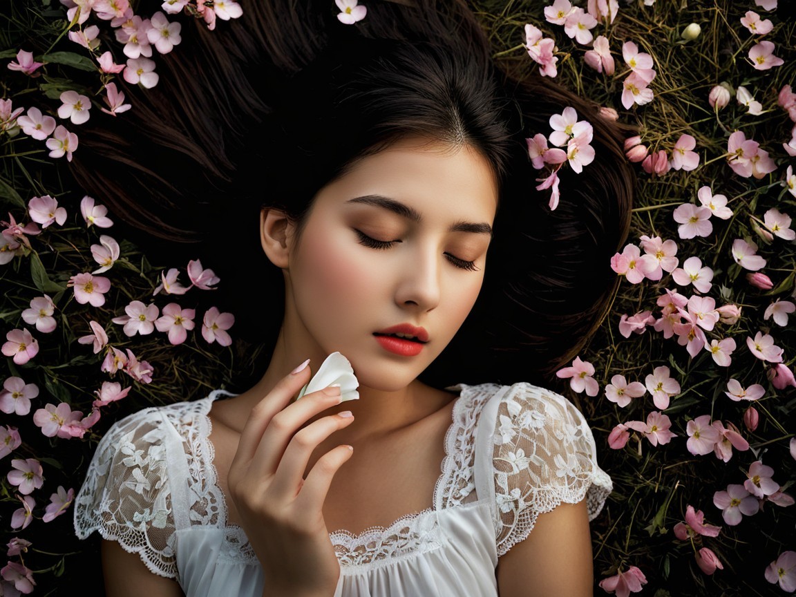 Serene Woman on Bed of Pink Flowers with Lace Top