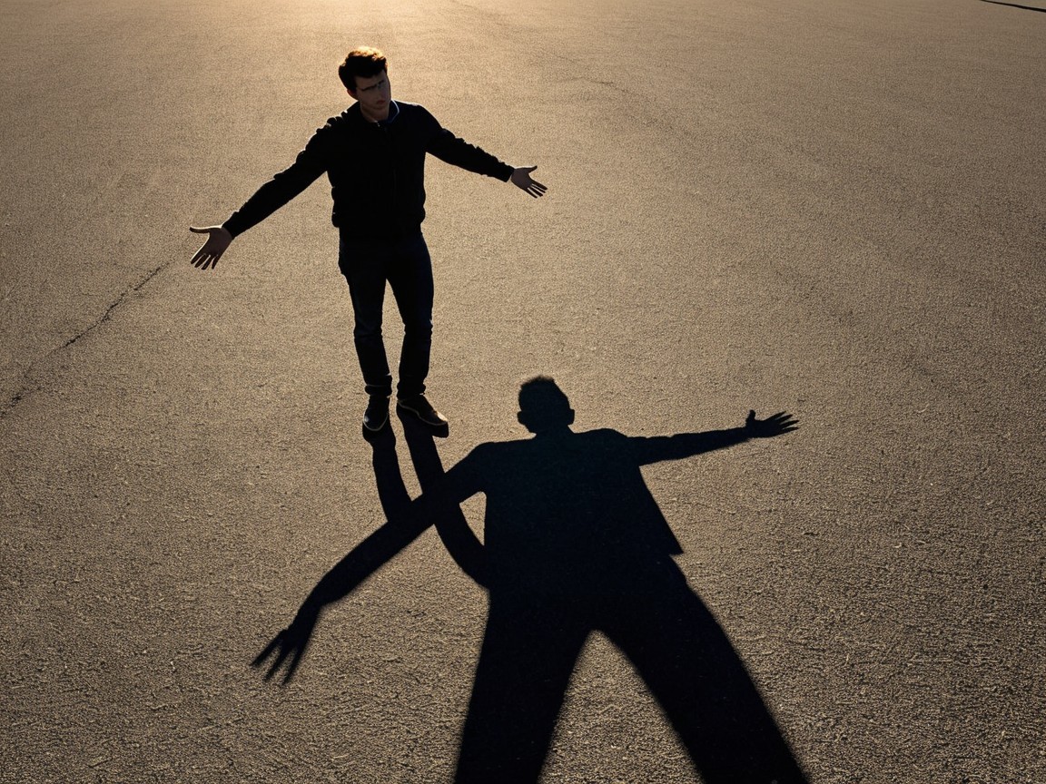Man with outstretched arms on empty pavement at dawn