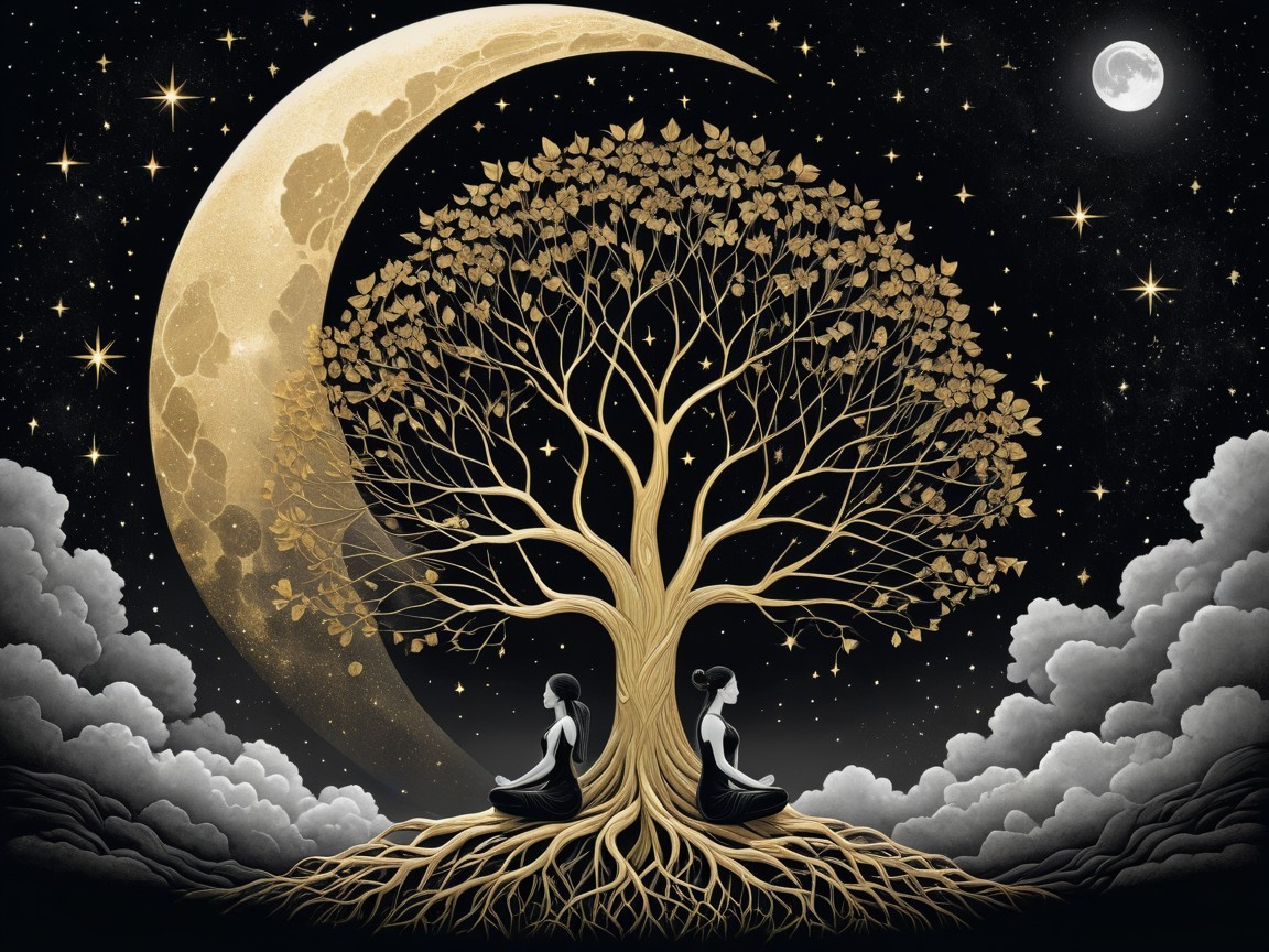 Golden tree with cosmic backdrop and meditating figures