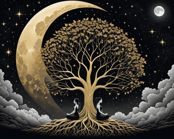 Golden tree with cosmic backdrop and meditating figures
