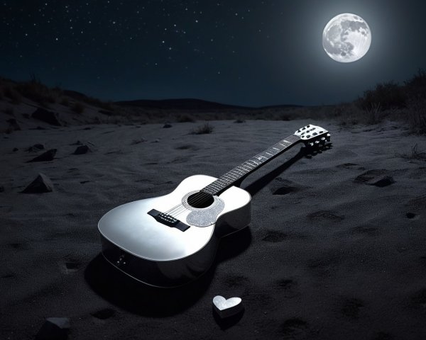 Silver Acoustic Guitar in a Starry Night Landscape