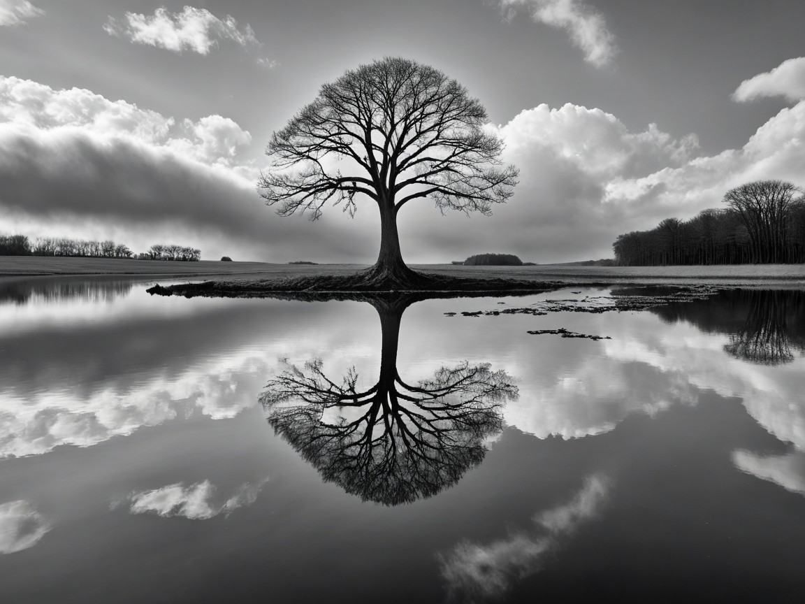 Solitary Tree Reflected in Calm Black and White Water
