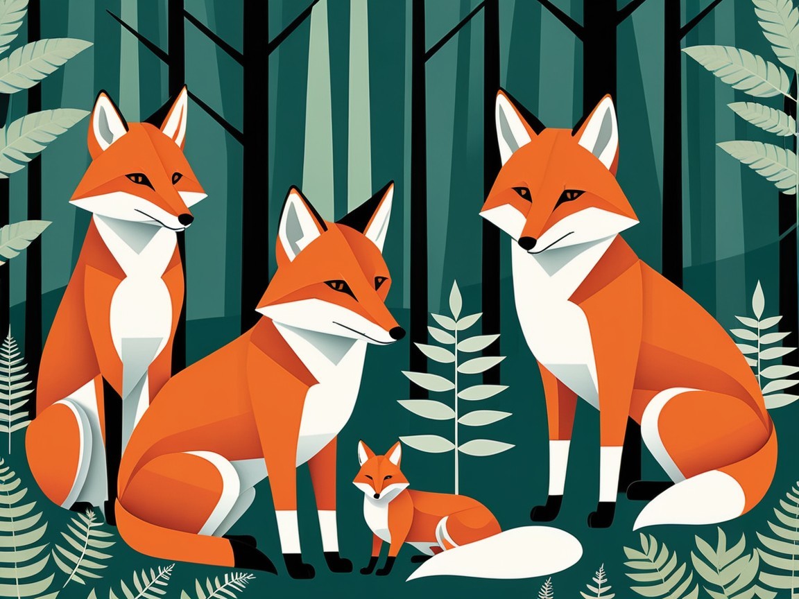 Foxes and kit in geometric vector art forest scene