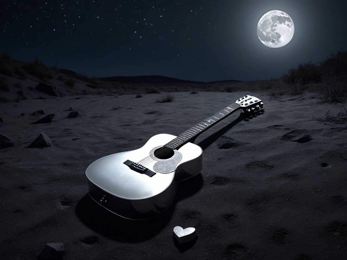 Silver Acoustic Guitar in a Starry Night Landscape