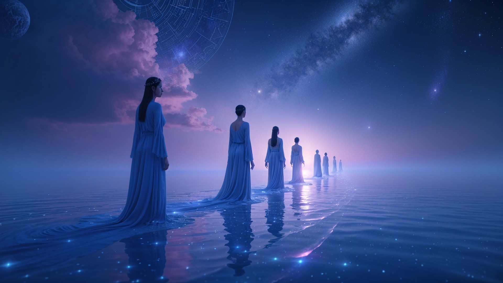 Surreal Landscape with Ethereal Figures and Galaxies