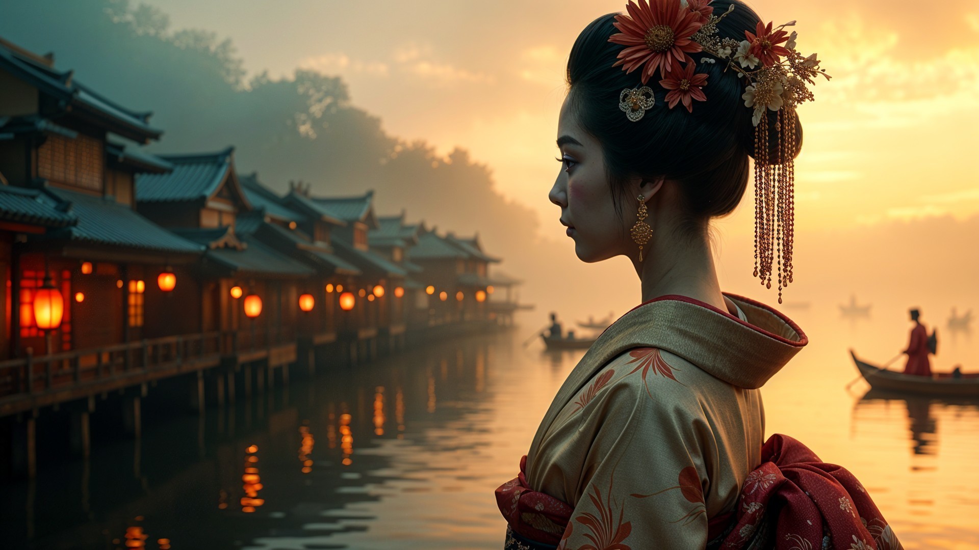 Serene Dusk Scene with Woman by Misty River