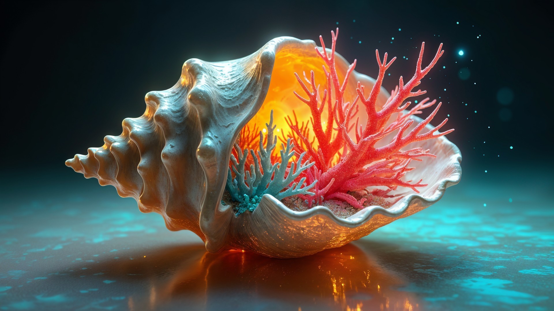 Illuminated Conch Shell with Vibrant Coral Formations