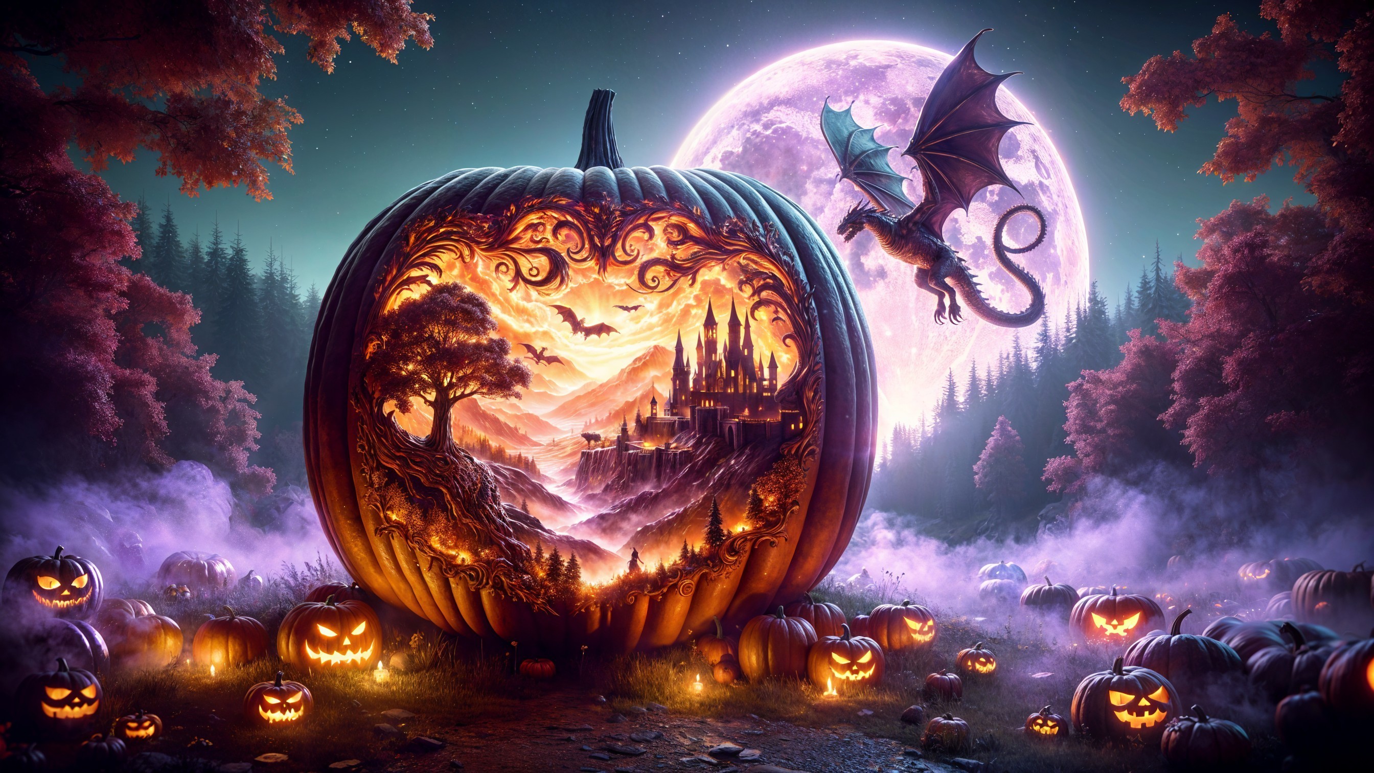 Intricately Carved Pumpkin with Mystical Landscape