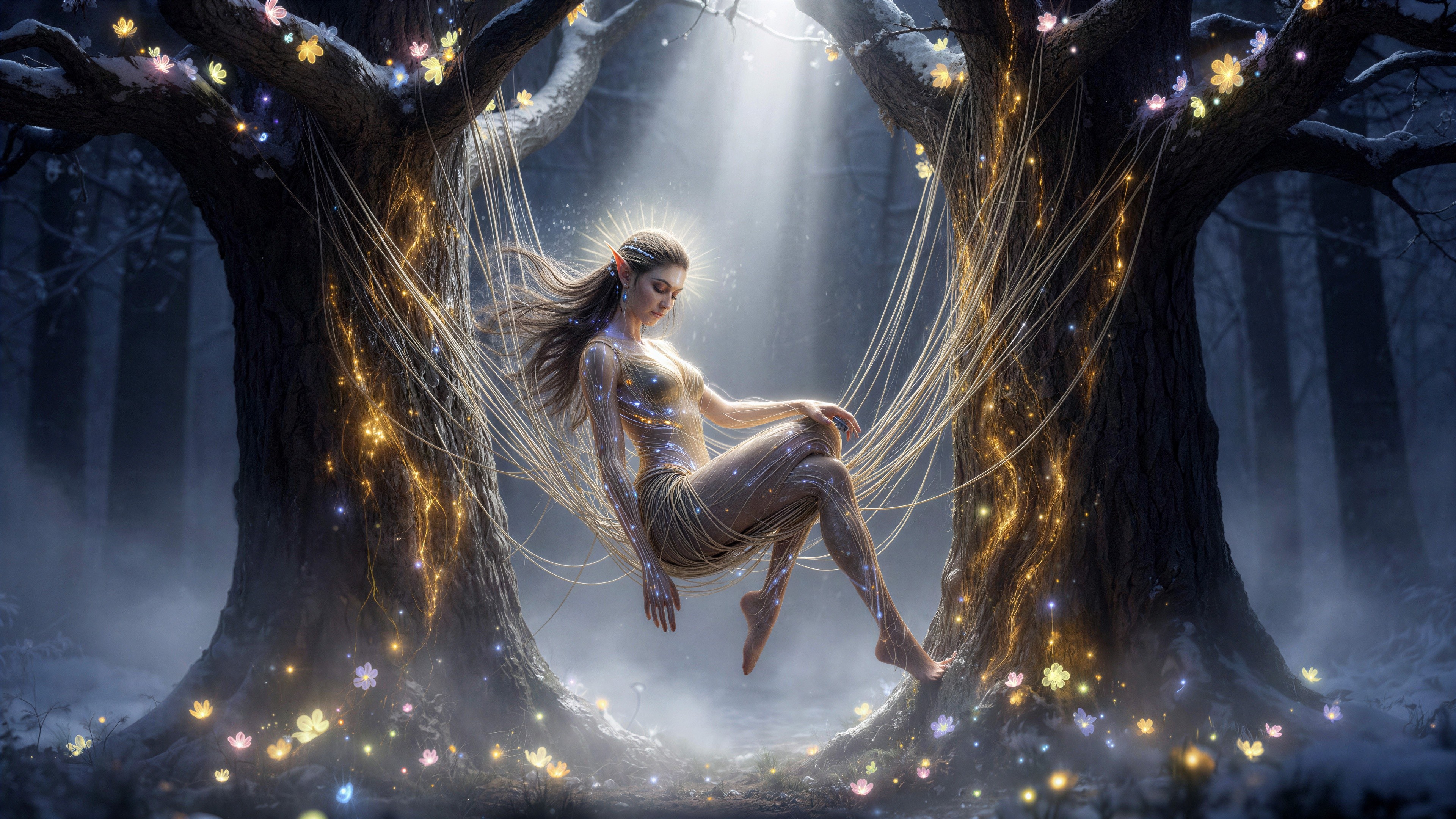 Elven Woman on Golden Hammock in Fantasy Forest