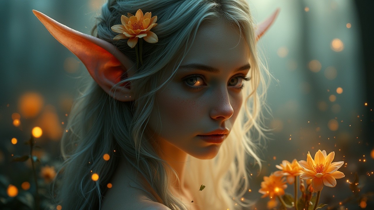 Young Elf Surrounded by Flowers in Mystical Forest