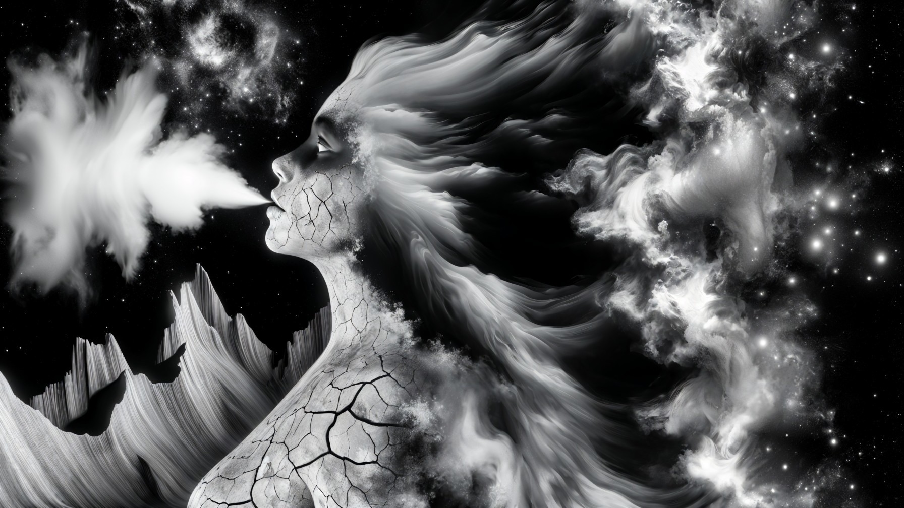 Monochromatic Illustration of Woman with Cosmic Elements