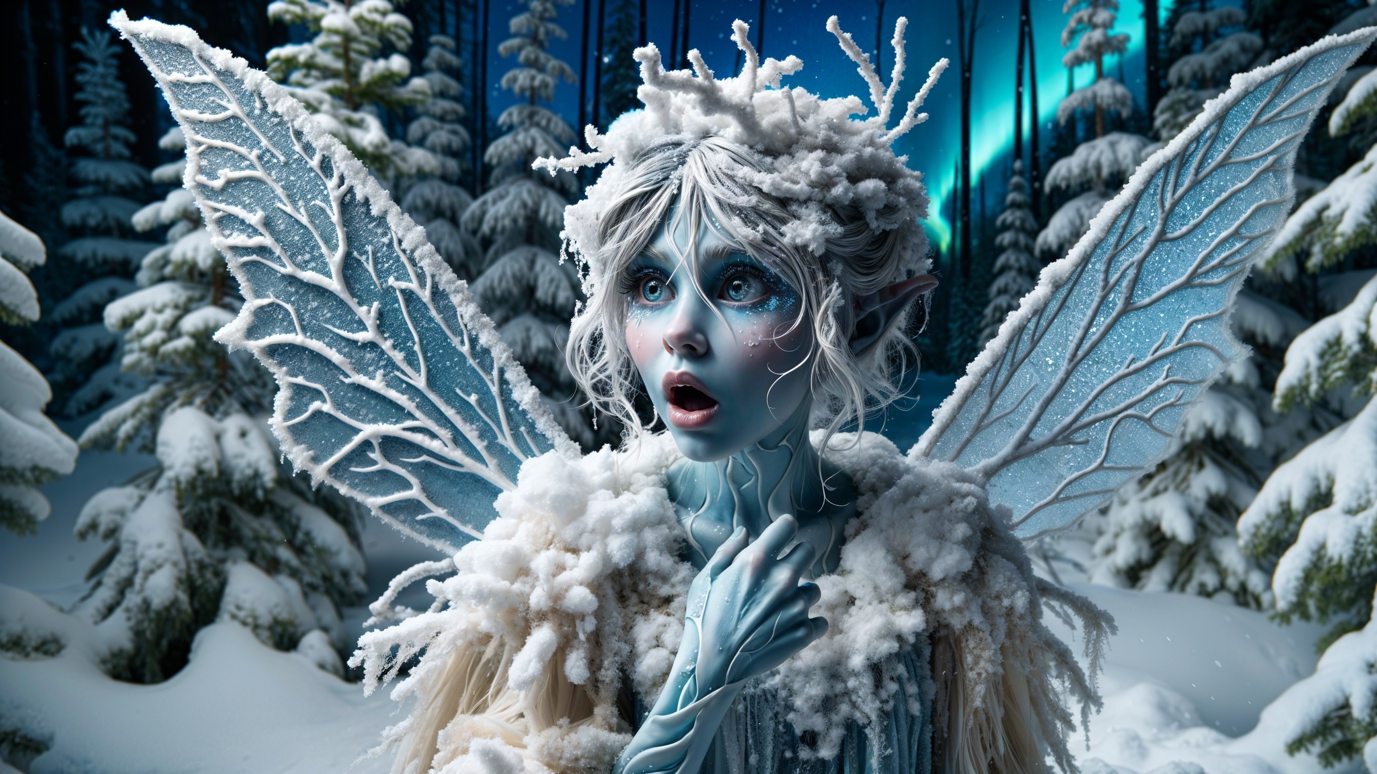 Winter Fairy in Snowy Forest with Northern Lights