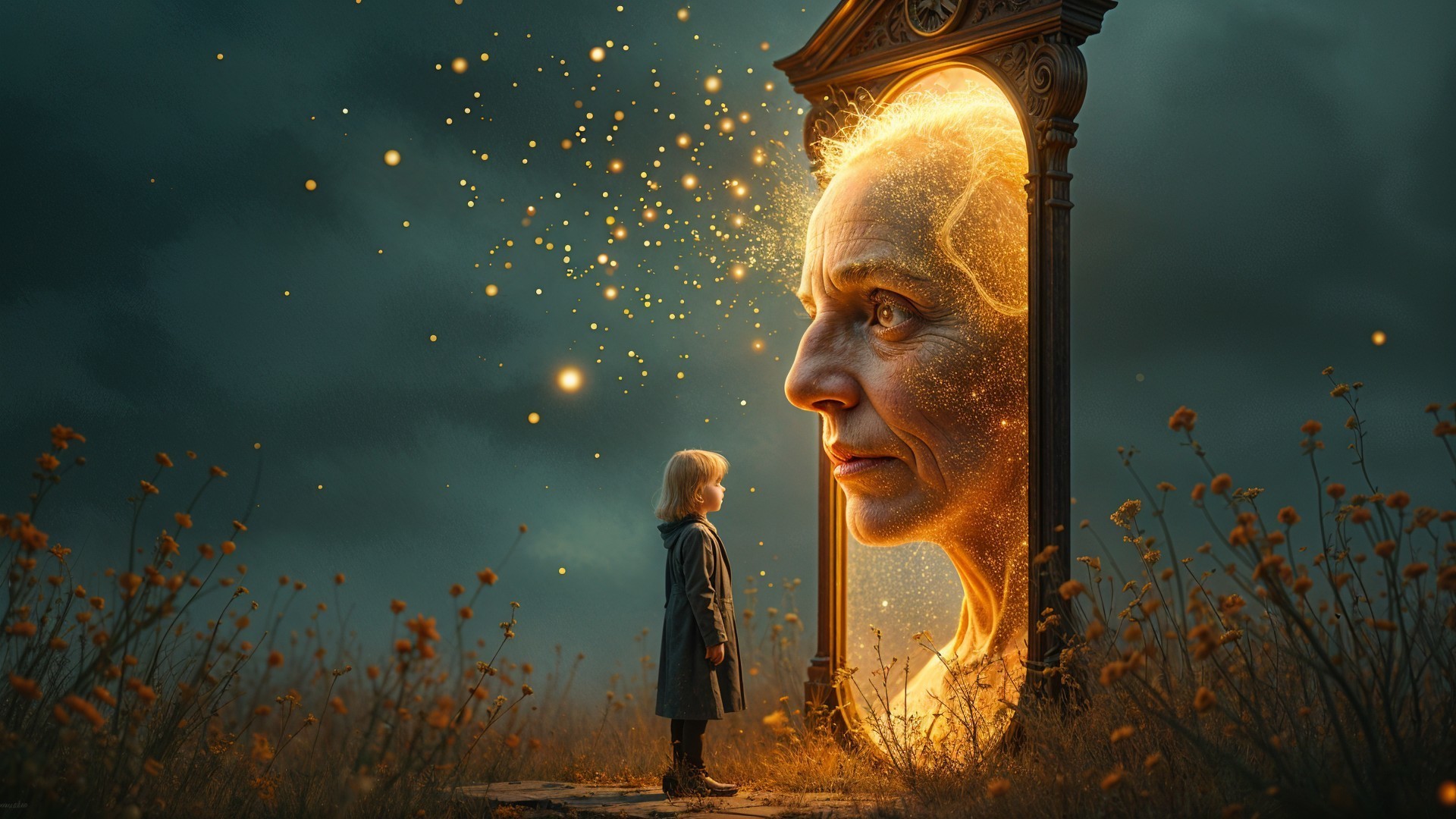 Young girl and elderly woman in mystical mirror scene