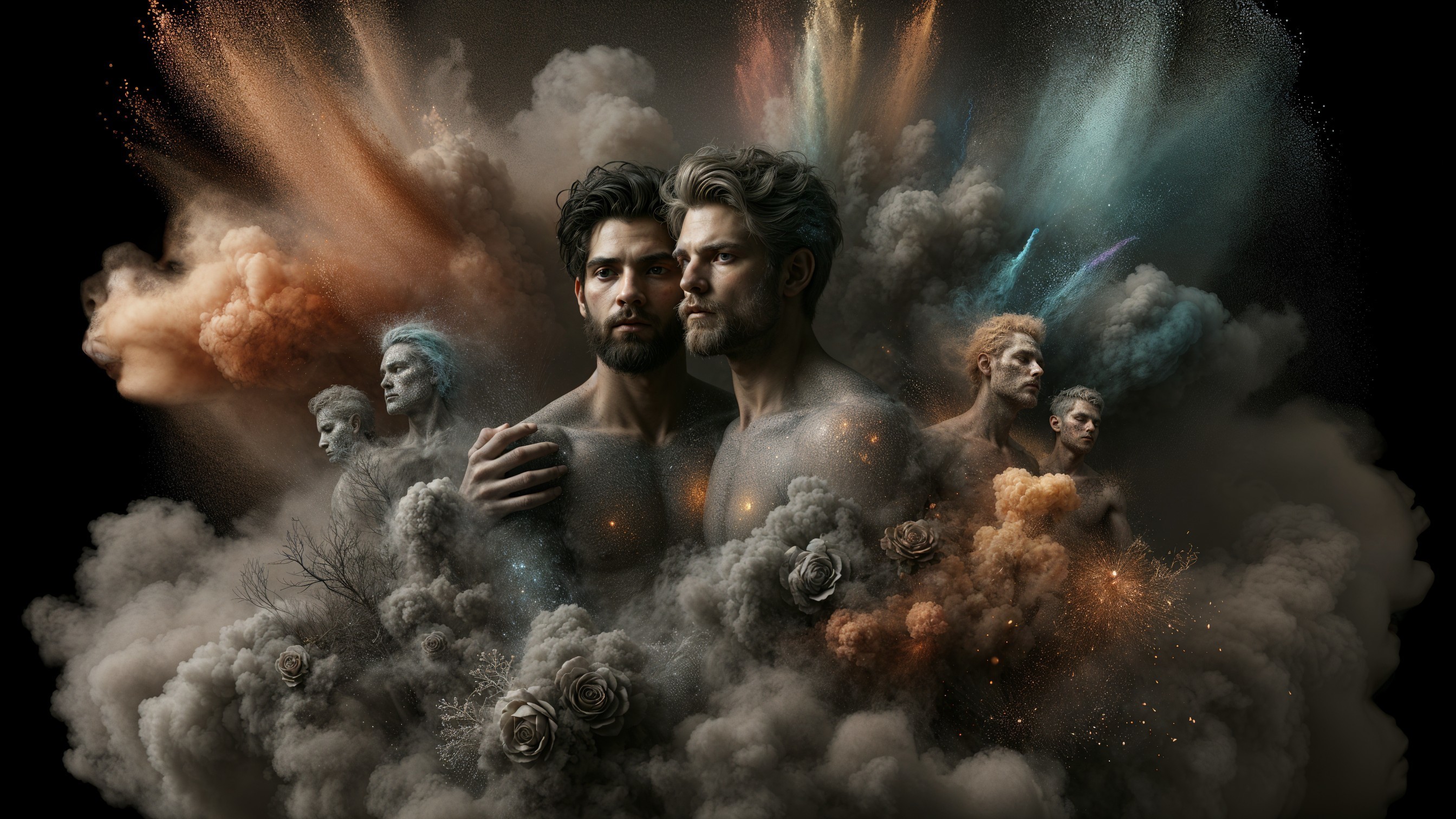 Male Figures Embracing in Colorful Surreal Artwork