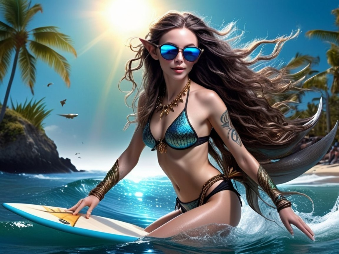 Mermaid-like figure surfing with stylish accessories