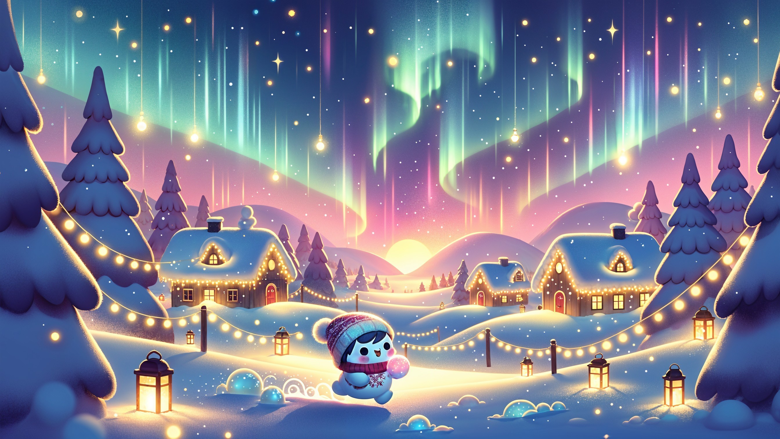 Colorful Illustration of a Snowy Village at Night