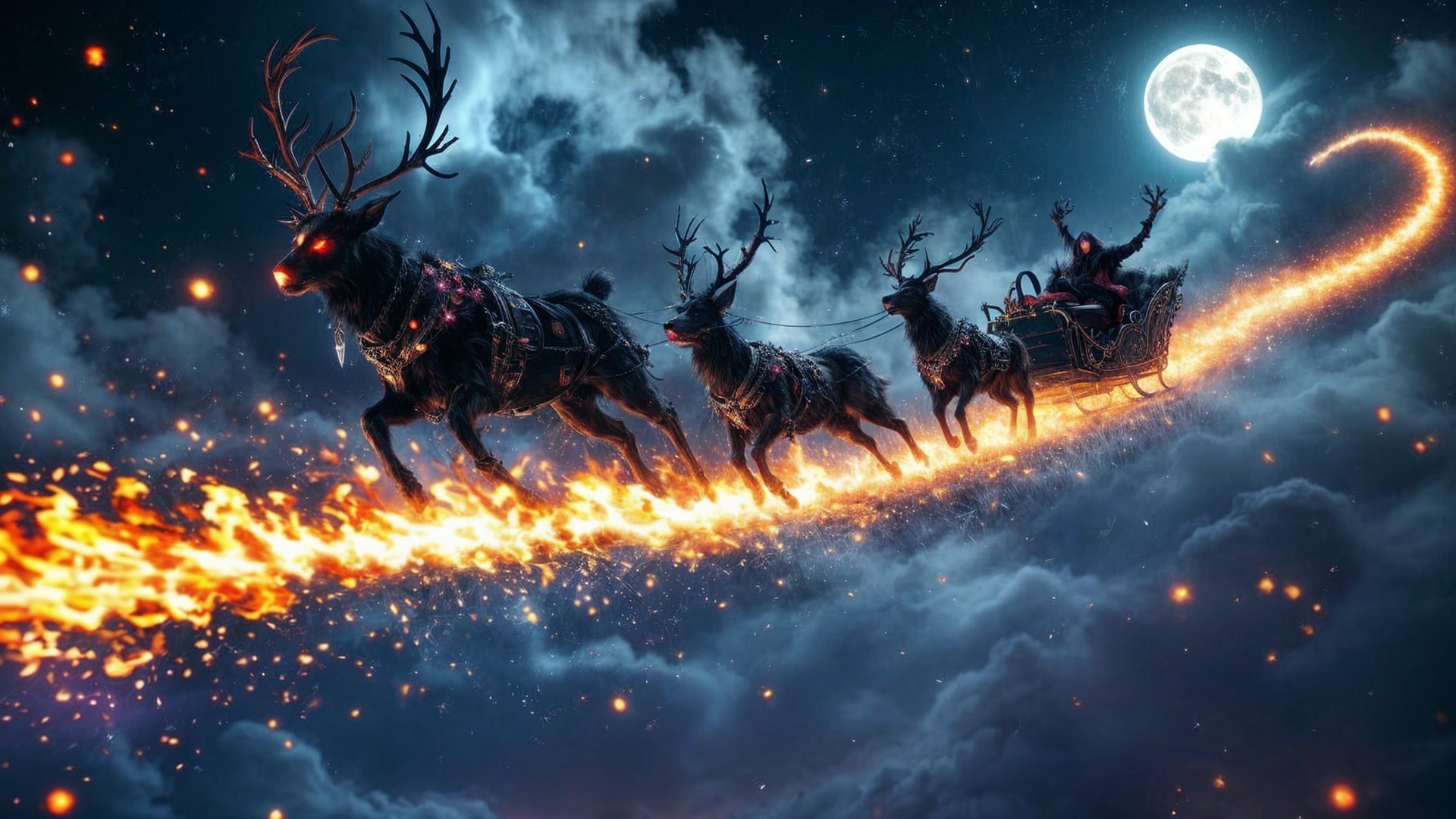 Dark Scene of Reindeer and Mysterious Figure in Sleigh