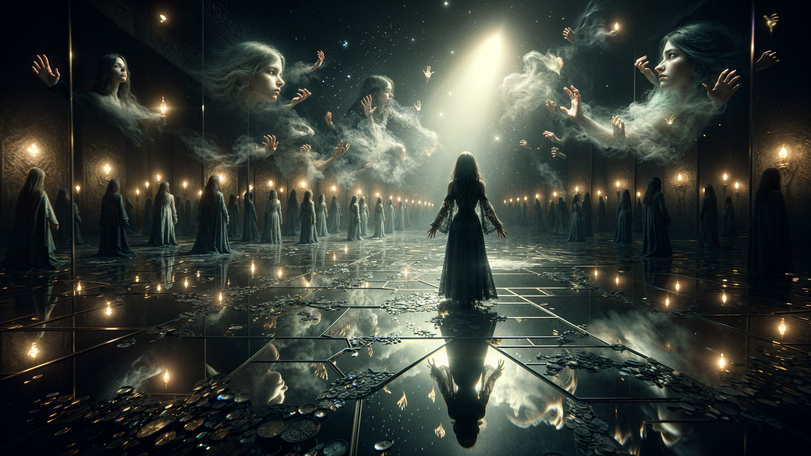 Woman in Dark Gown on Reflective Floor with Light Source