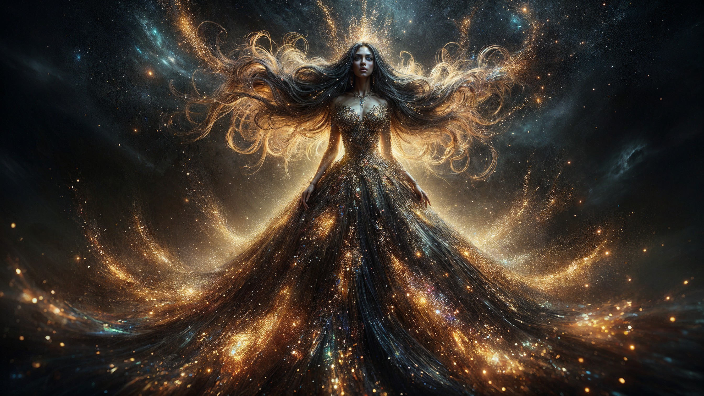 Mystical figure in cosmic scene with starry gown