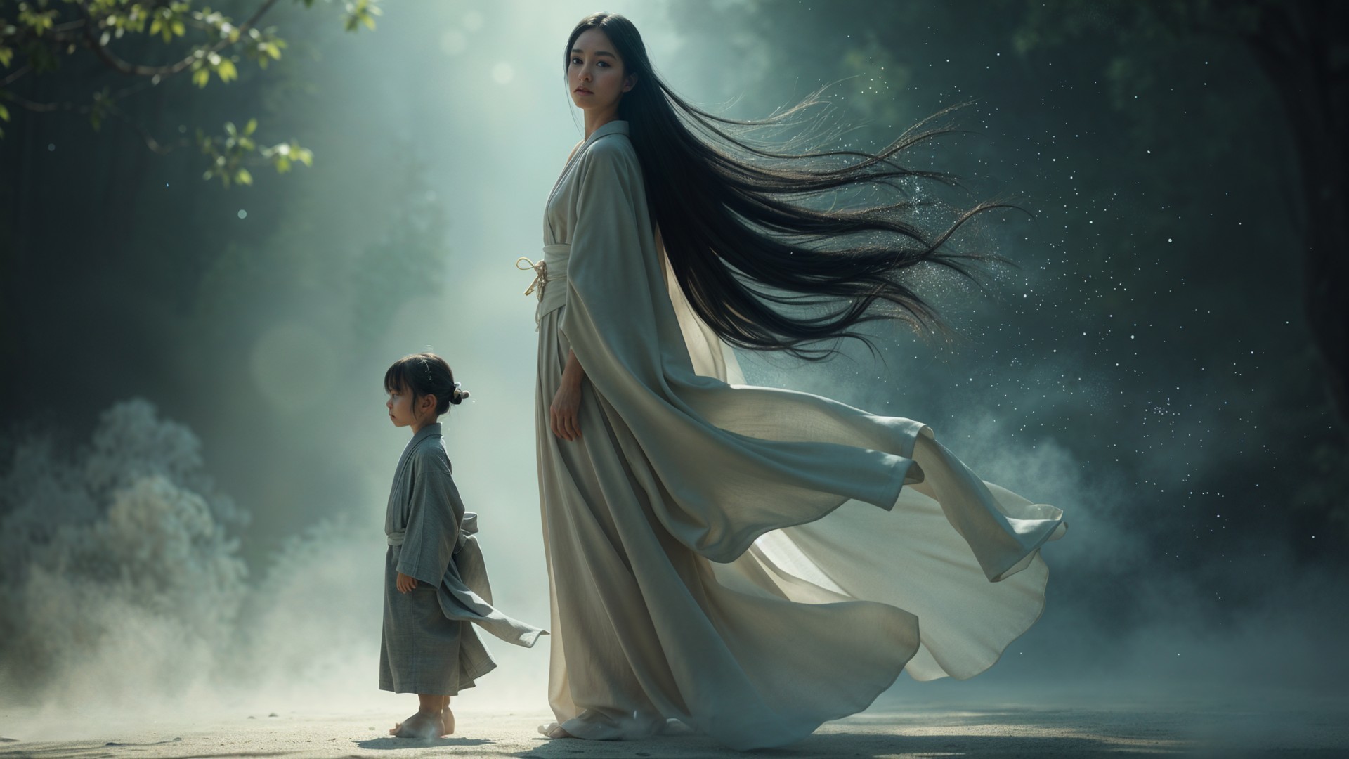 Serene Misty Forest with Woman and Young Girl