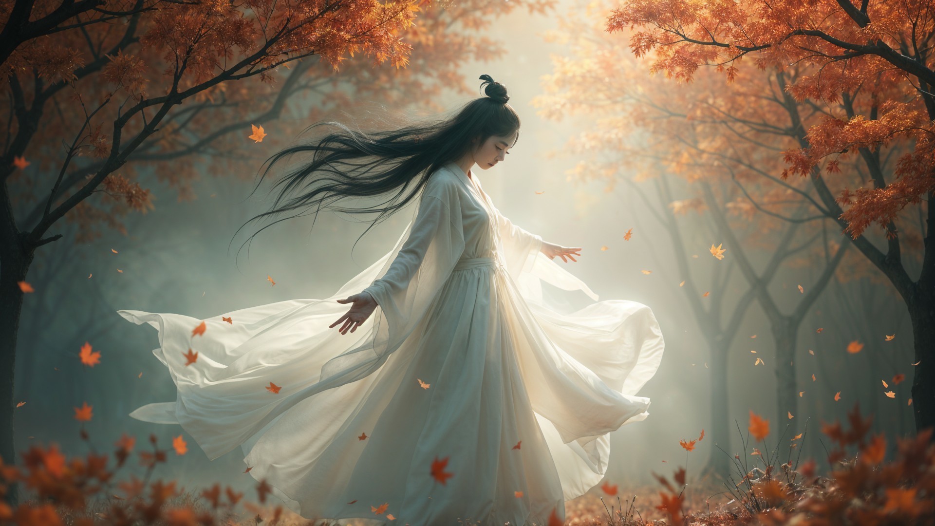 Dancer in White Garment Among Autumn Forest Leaves