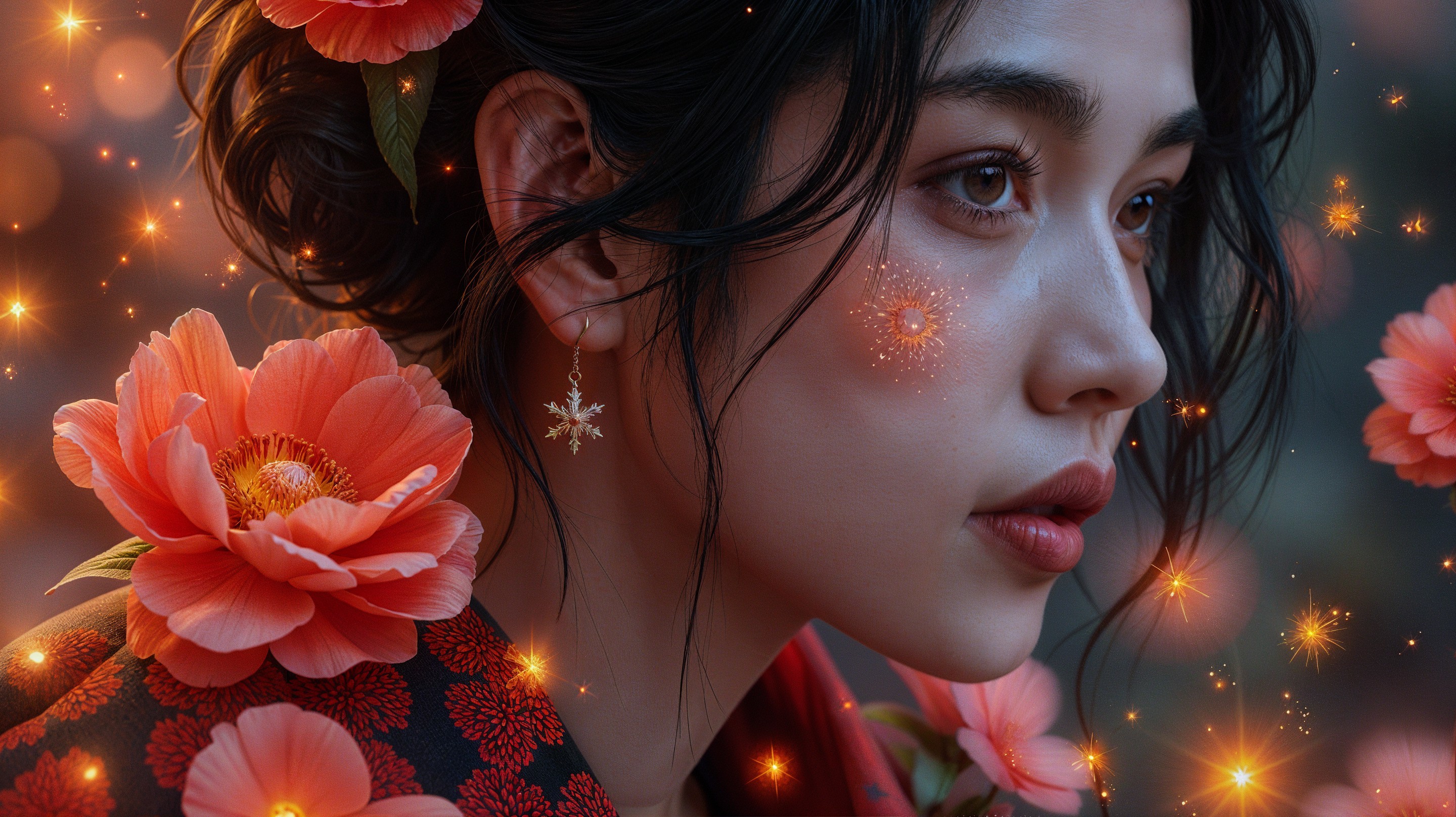 Close-Up Portrait of a Young Woman with Flowers