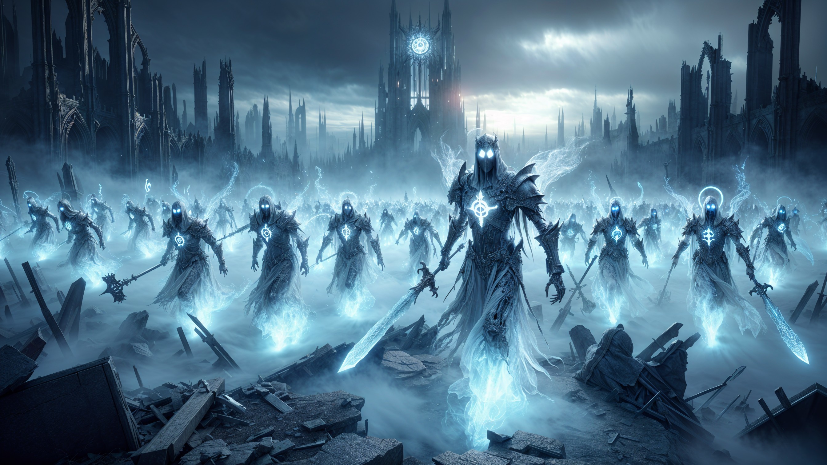 Ghostly Armored Figures in a Desolate Landscape