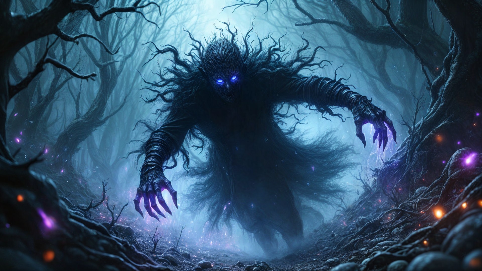 Eerie Forest with Shadowy Figure and Glowing Eyes