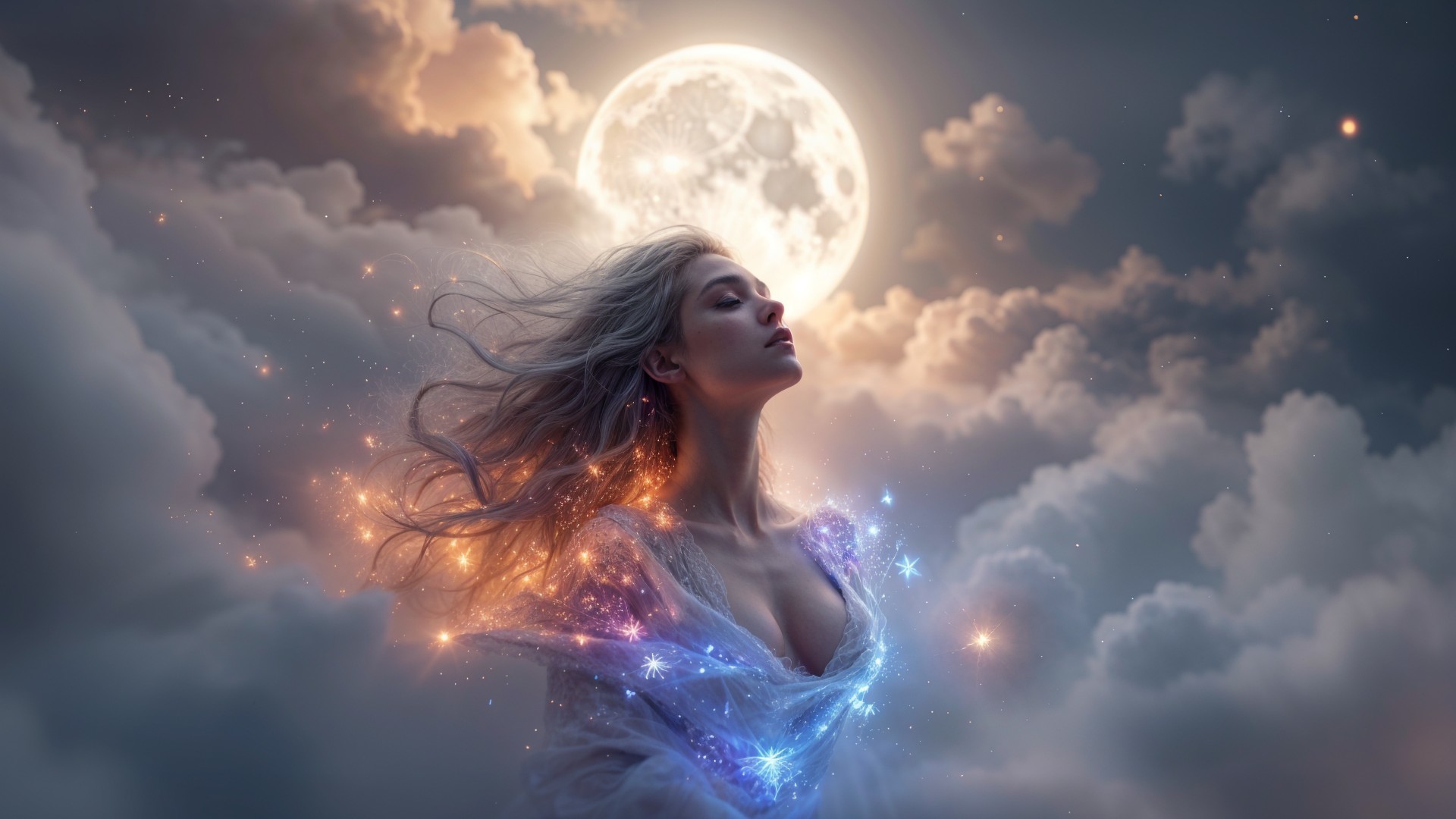 Serene Figure Under Moonlit Clouds and Stars