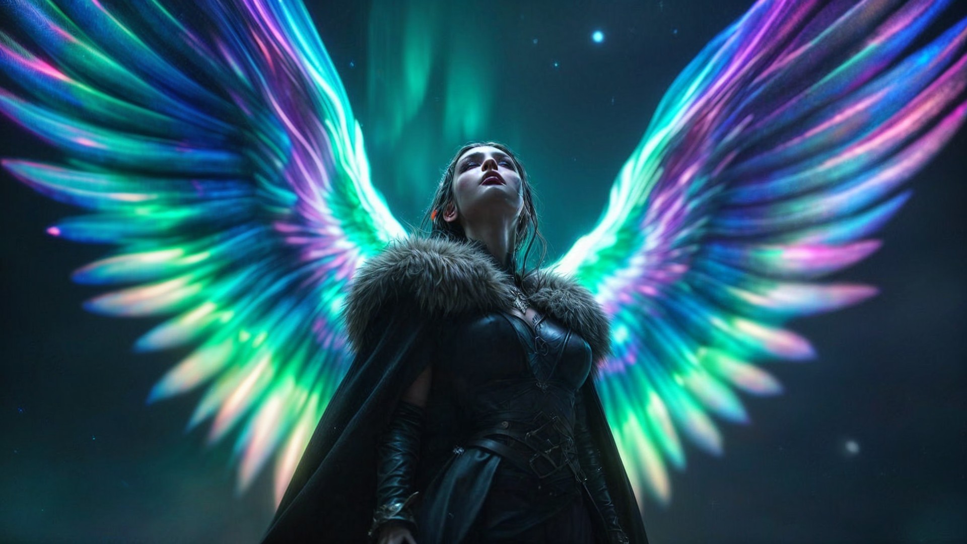 Mystical figure with colorful wings in night sky
