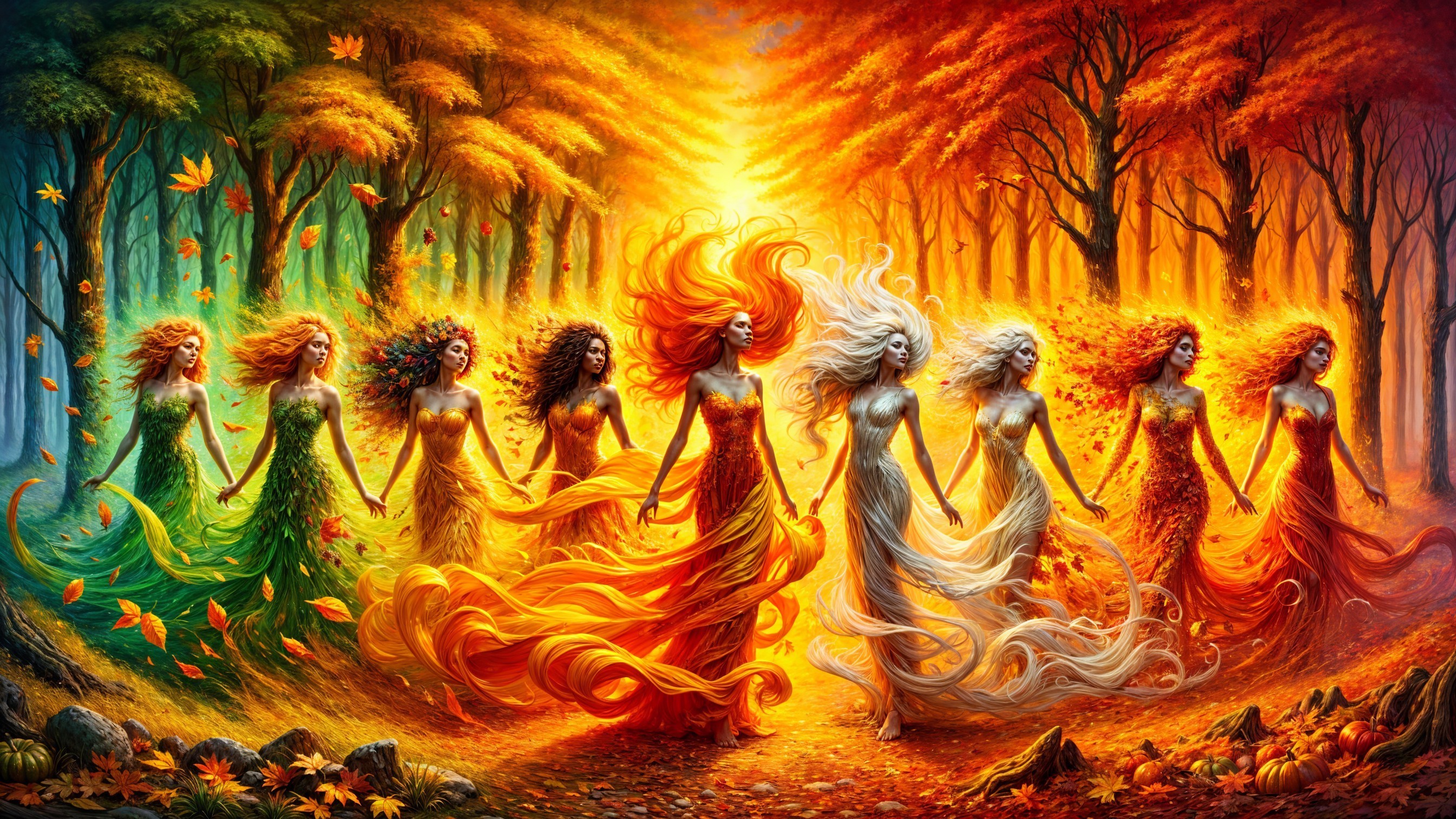 Ethereal Women Representing Seasons in Lush Forest