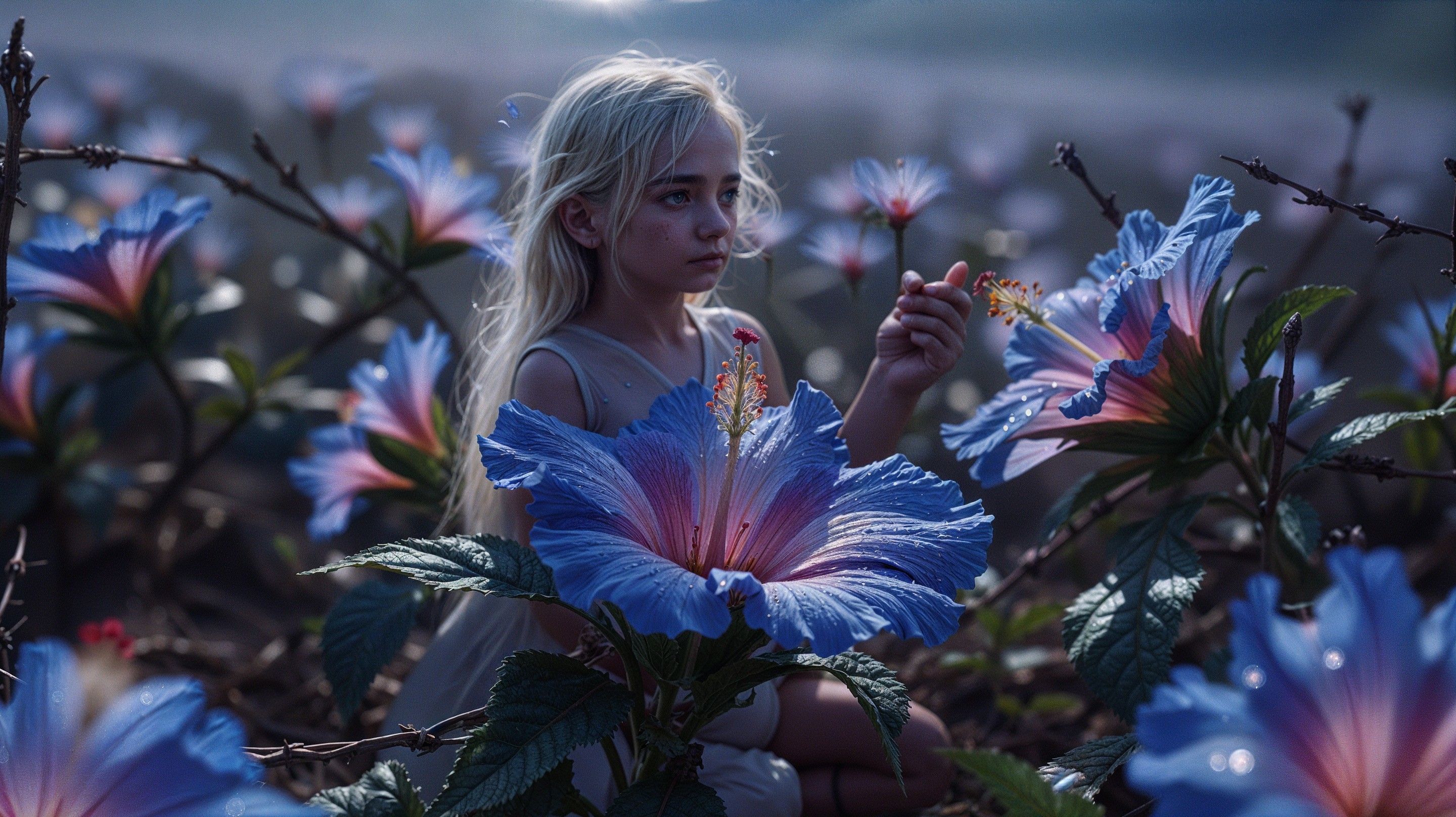 Young girl with blonde hair among blue hibiscus flowers