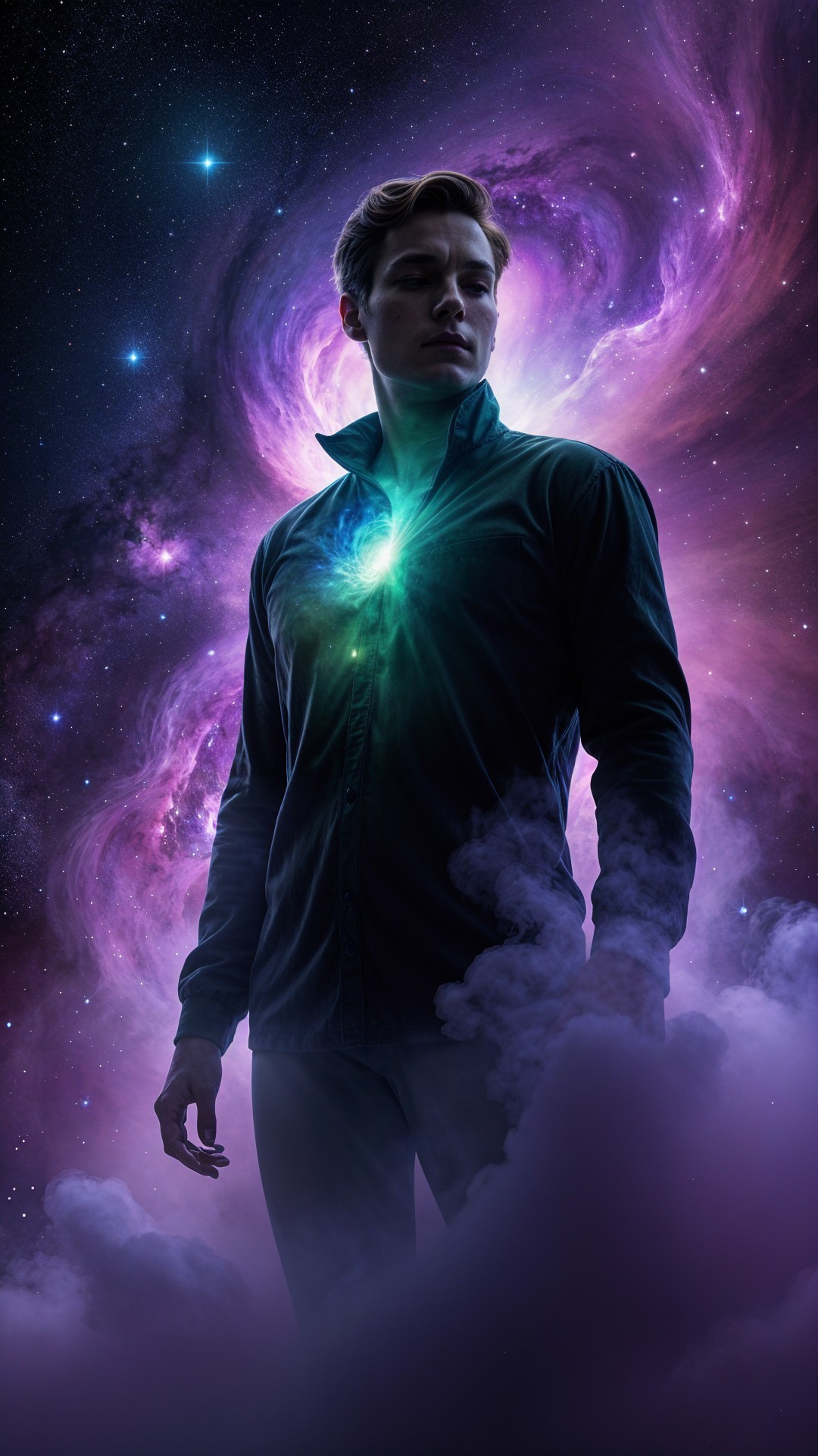 Figure in Cosmic Setting with Glowing Light and Fog