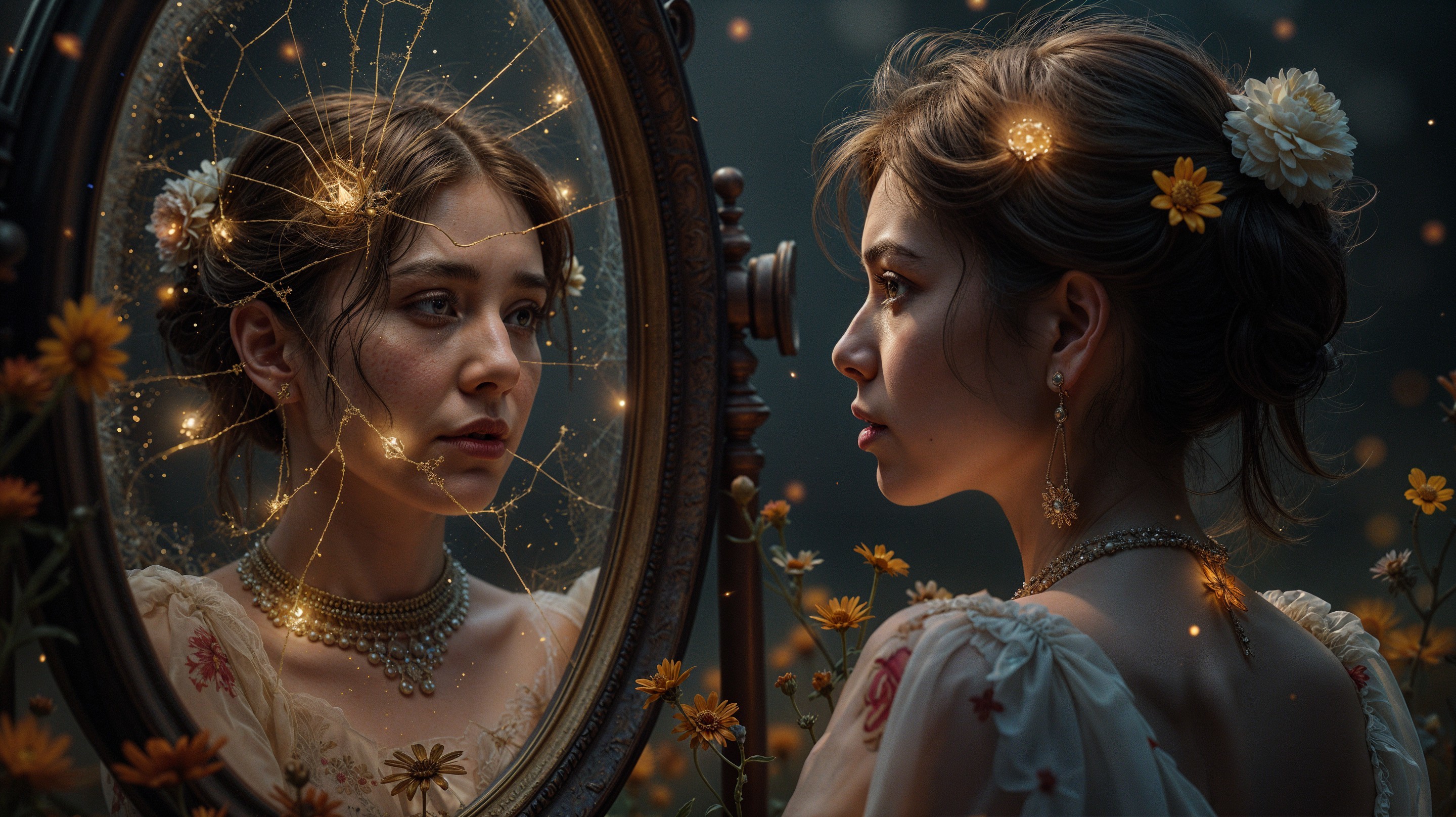 Young woman in vintage gown gazing into ornate mirror