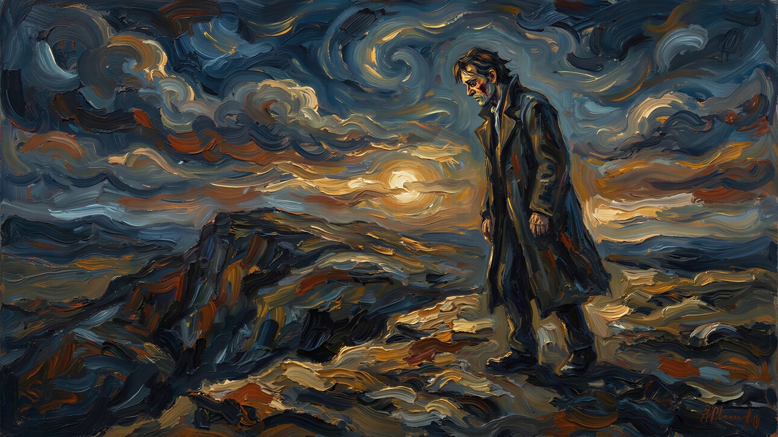 Textured Oil Painting of a Man in Mountainous Twilight