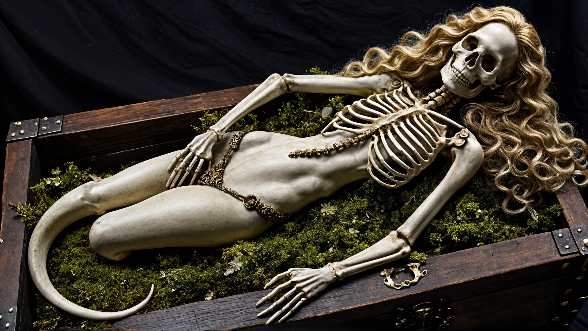 Skeleton Mermaid in a Moss-Filled Wooden Chest