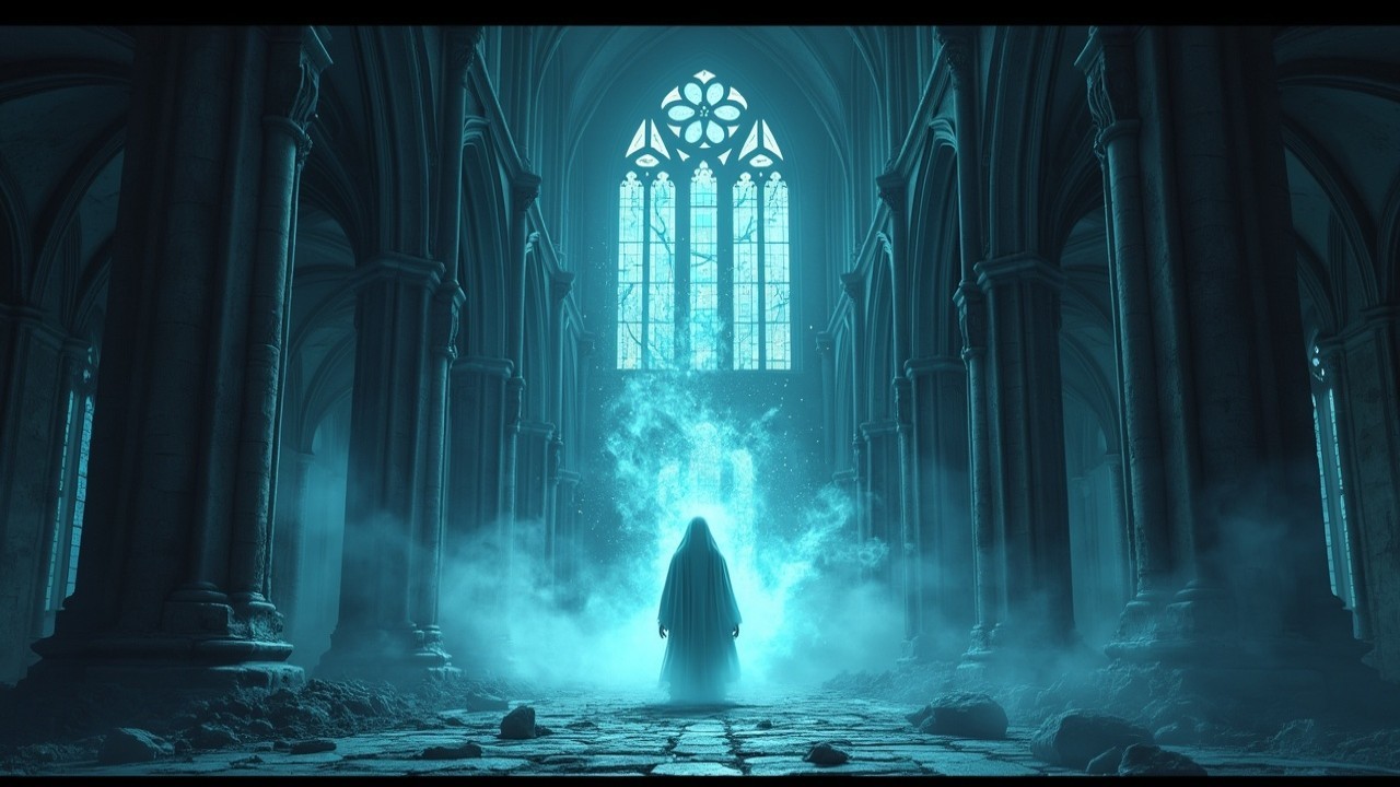 Ghostly Presence in a Ruined Cathedral