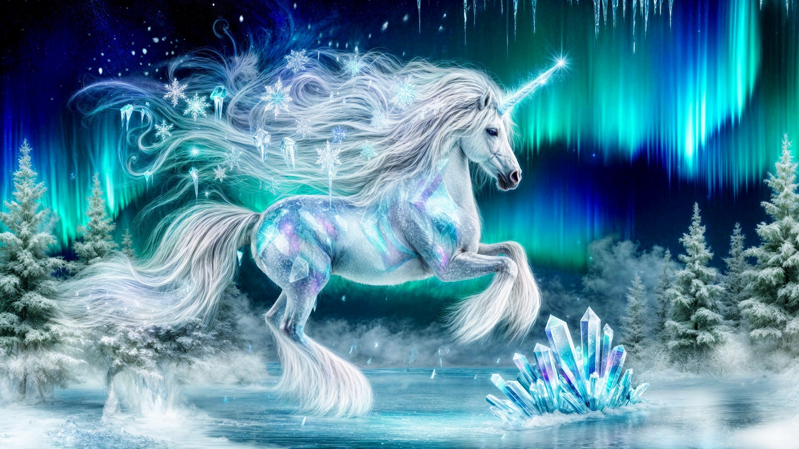 Unicorn in a Magical Winter Landscape with Auroras