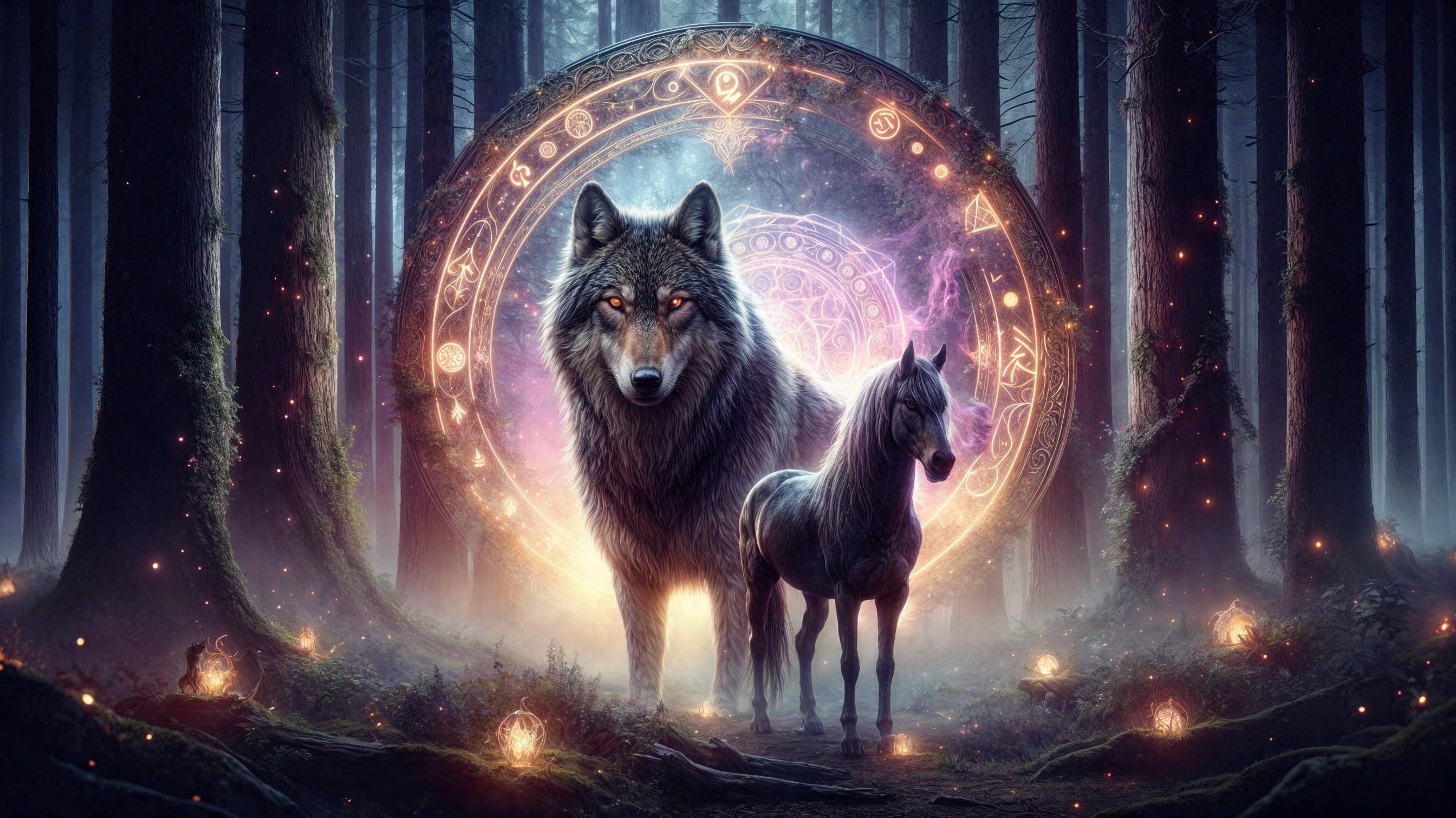 Majestic wolf and horse in a magical forest setting