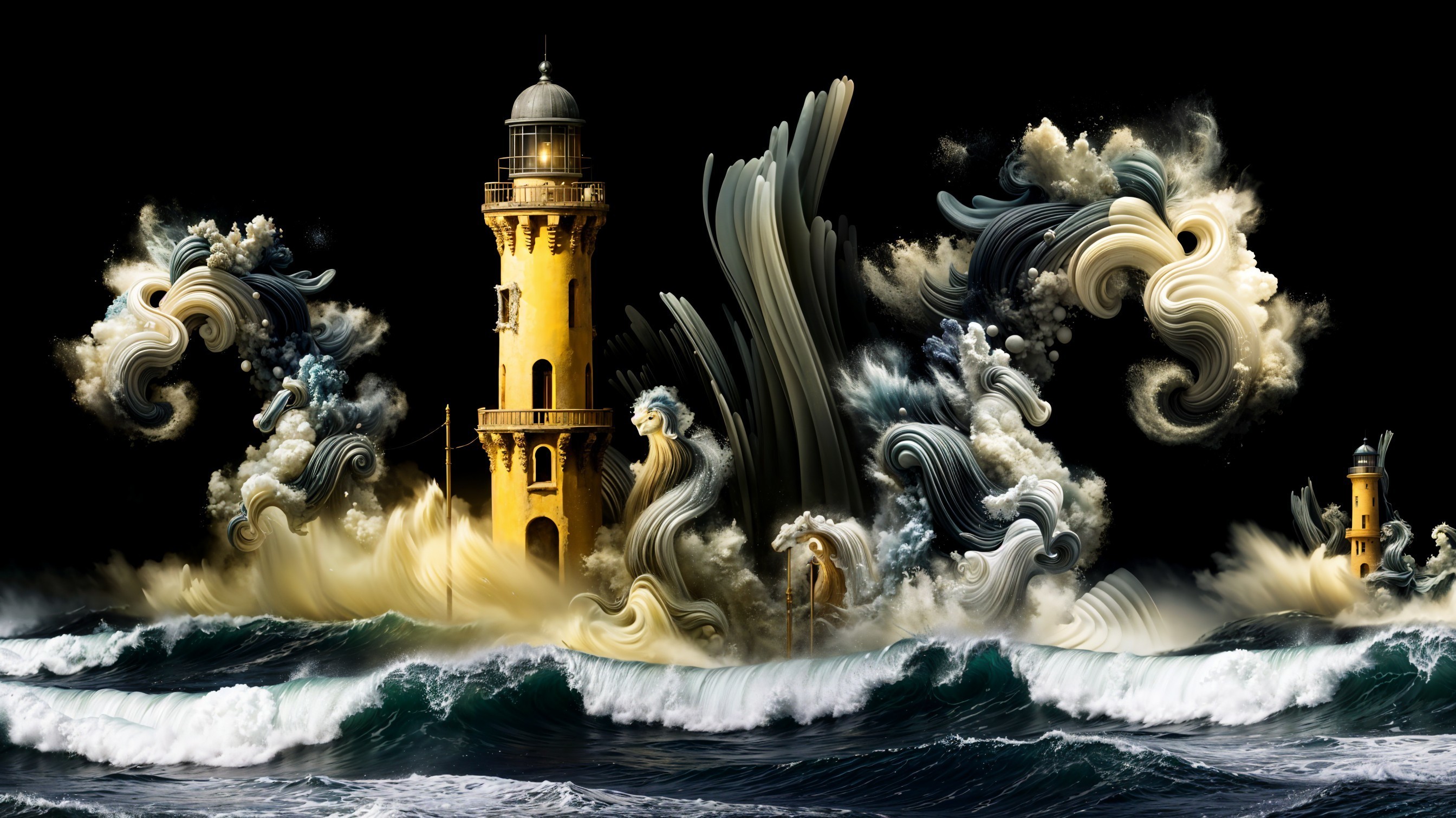 Lighthouse Amidst Turbulent Waves and Dark Skies