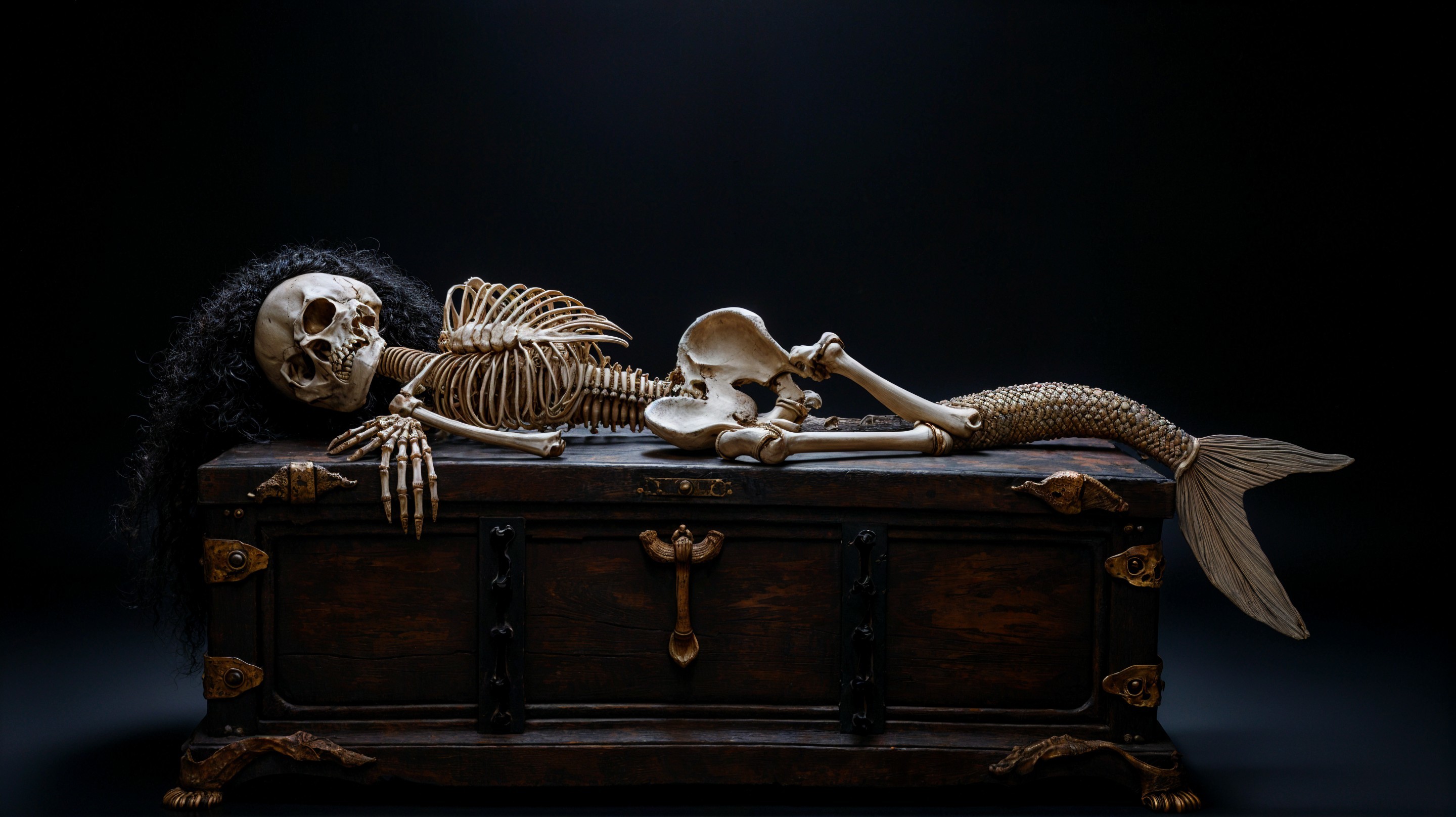 Mermaid Skeleton on Wooden Chest with Dark Background