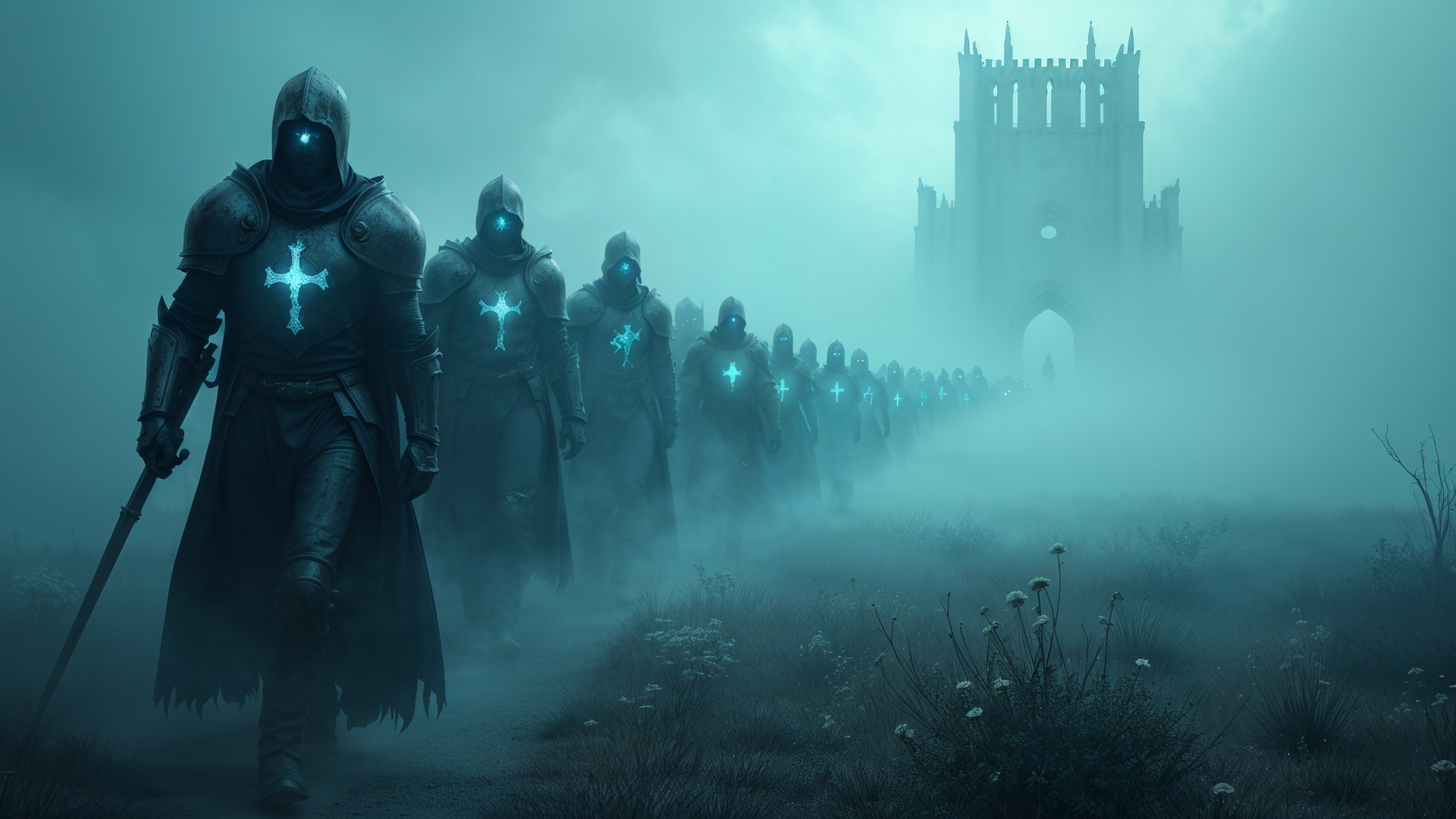 Armored Figures in Fog with Illuminated Crosses