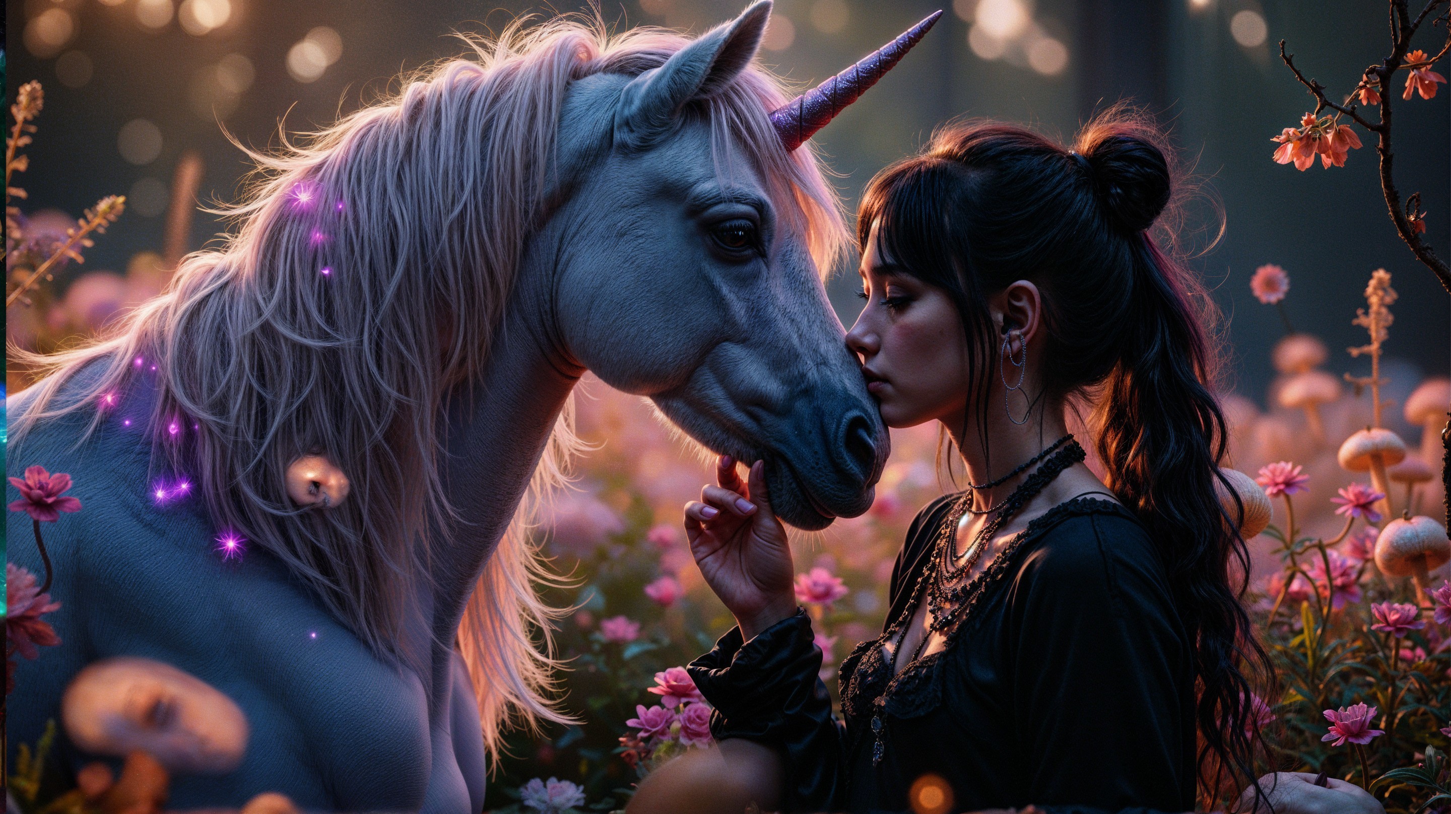 Magical Forest Scene with Unicorn and Young Woman