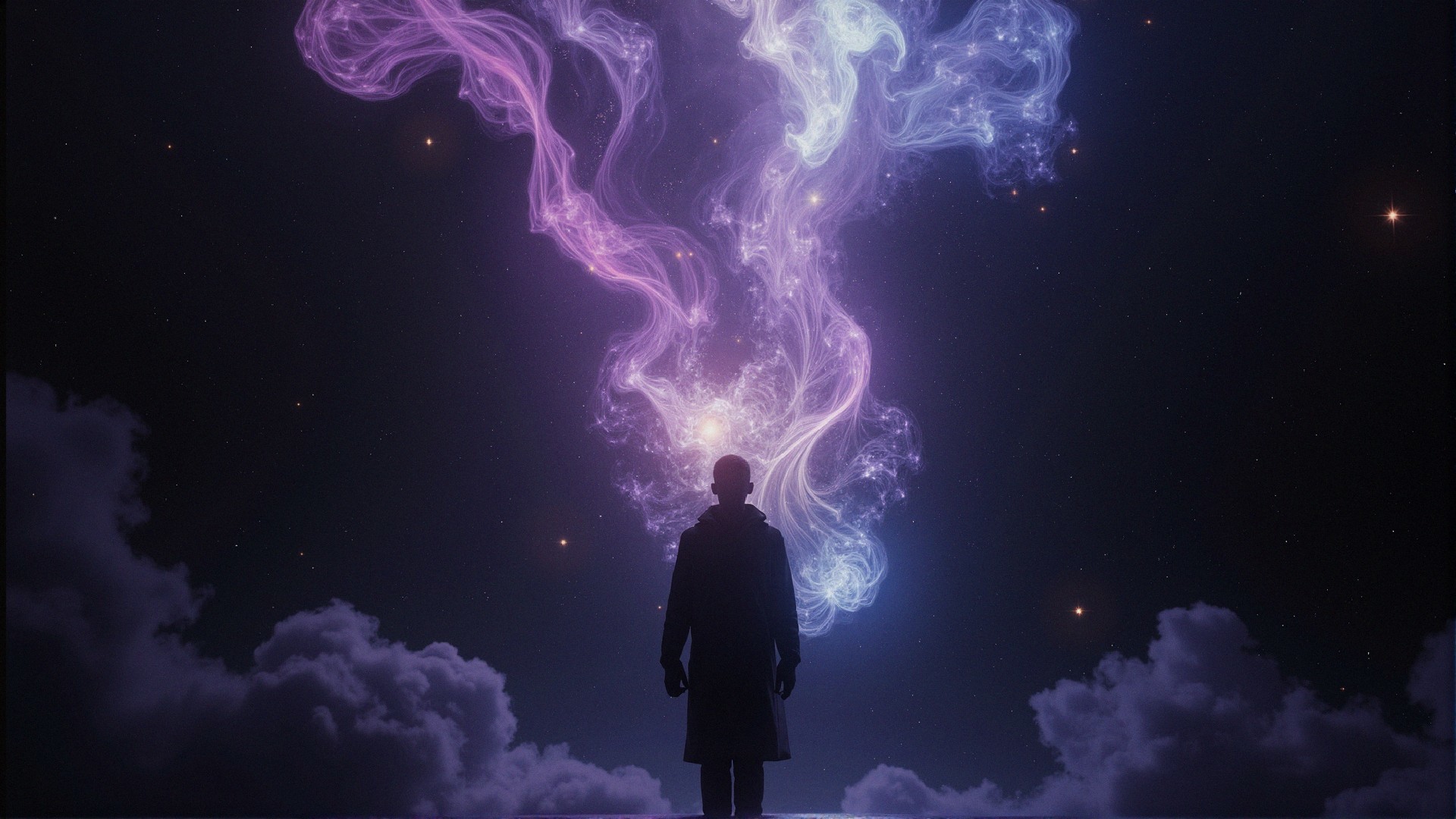 Solitary Figure Against Cosmic Purple and Blue Background