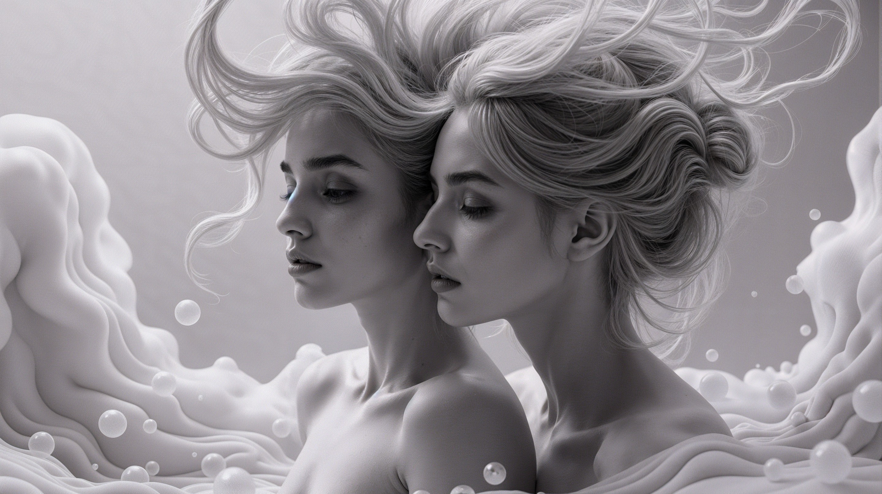 Ethereal Figures in Monochromatic Dreamlike Scene