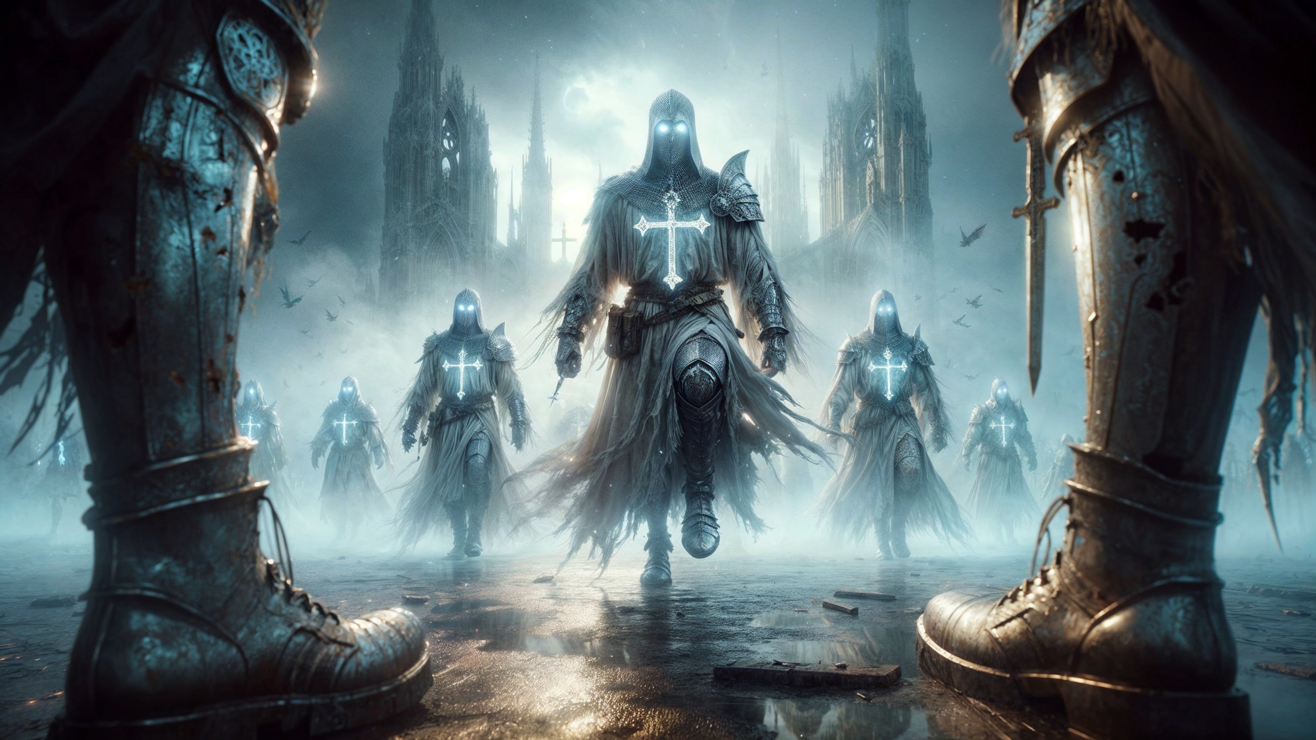Ethereal Scene with Hooded Figures in Gothic Landscape