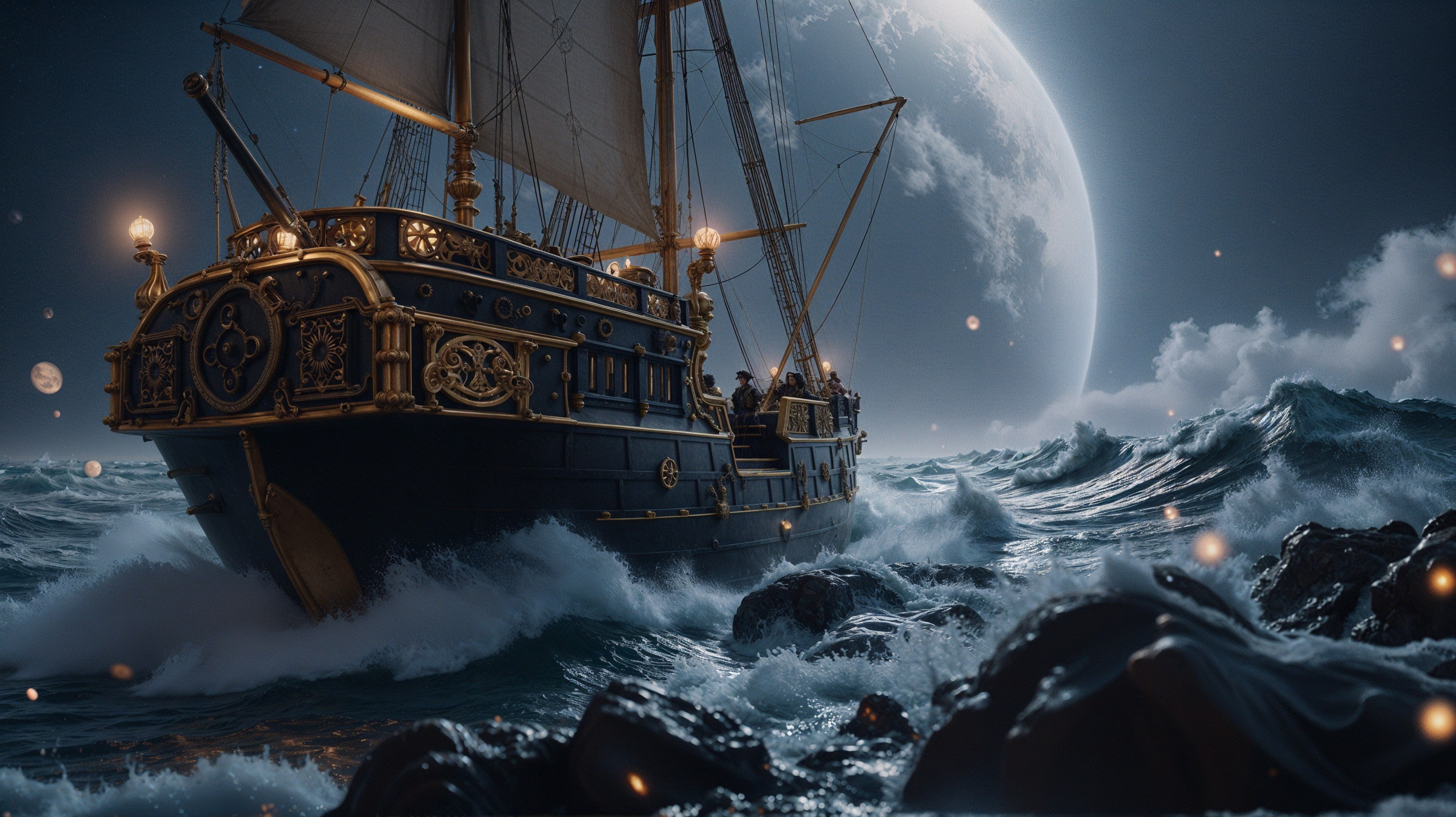 Majestic Sailing Ship Amidst Stormy Ocean Waves