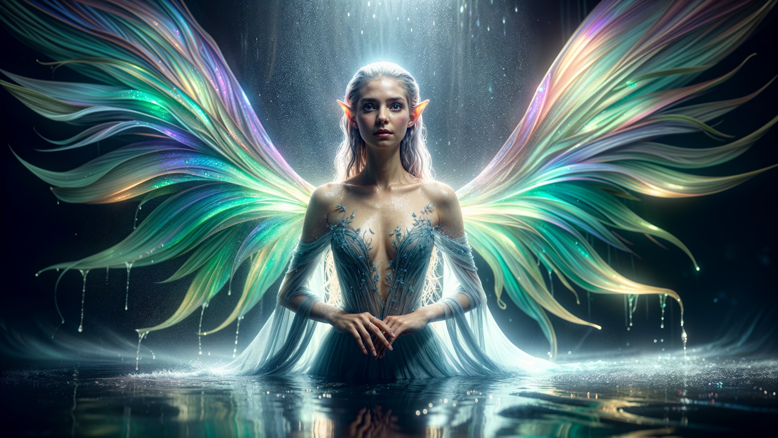 Ethereal Fairy with Iridescent Wings by Tranquil Pool